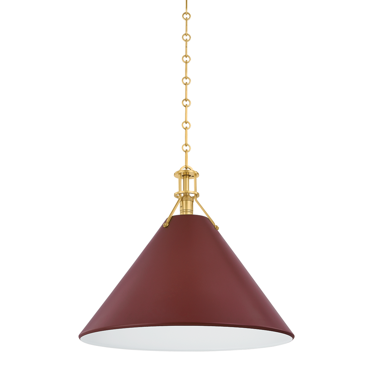 Painted No. 2 Pendant 21" in aged brass shown from a second angle to highlight the shade shape and metal detail.