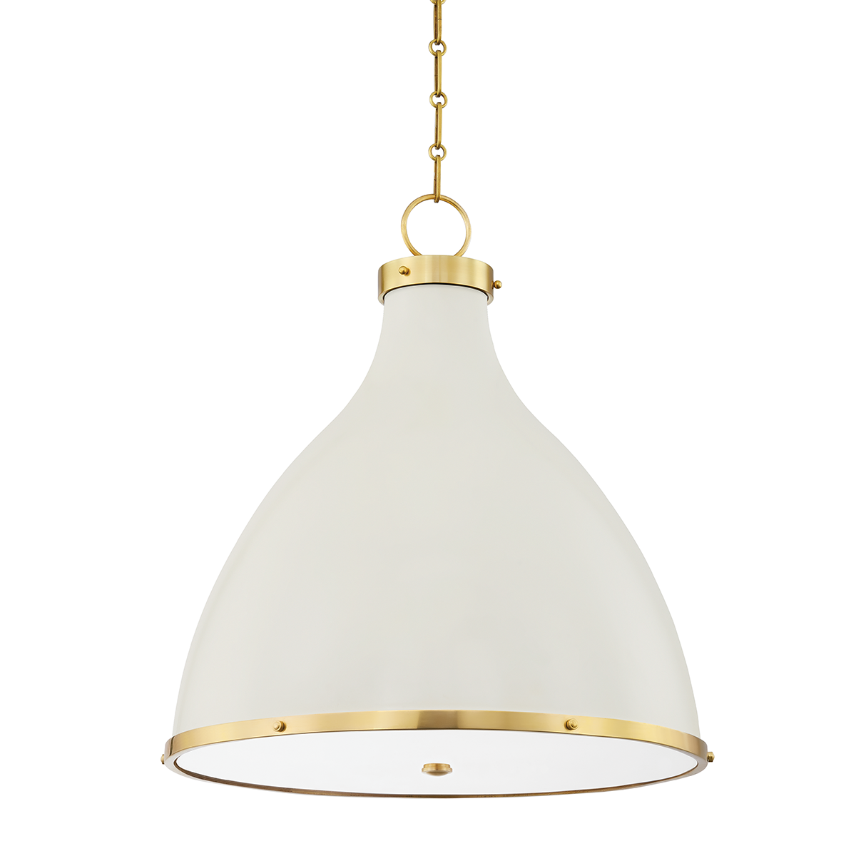 Painted No. 3 Pendant 22.5" in aged brass shown from a second angle to highlight the shade shape and metal detail.