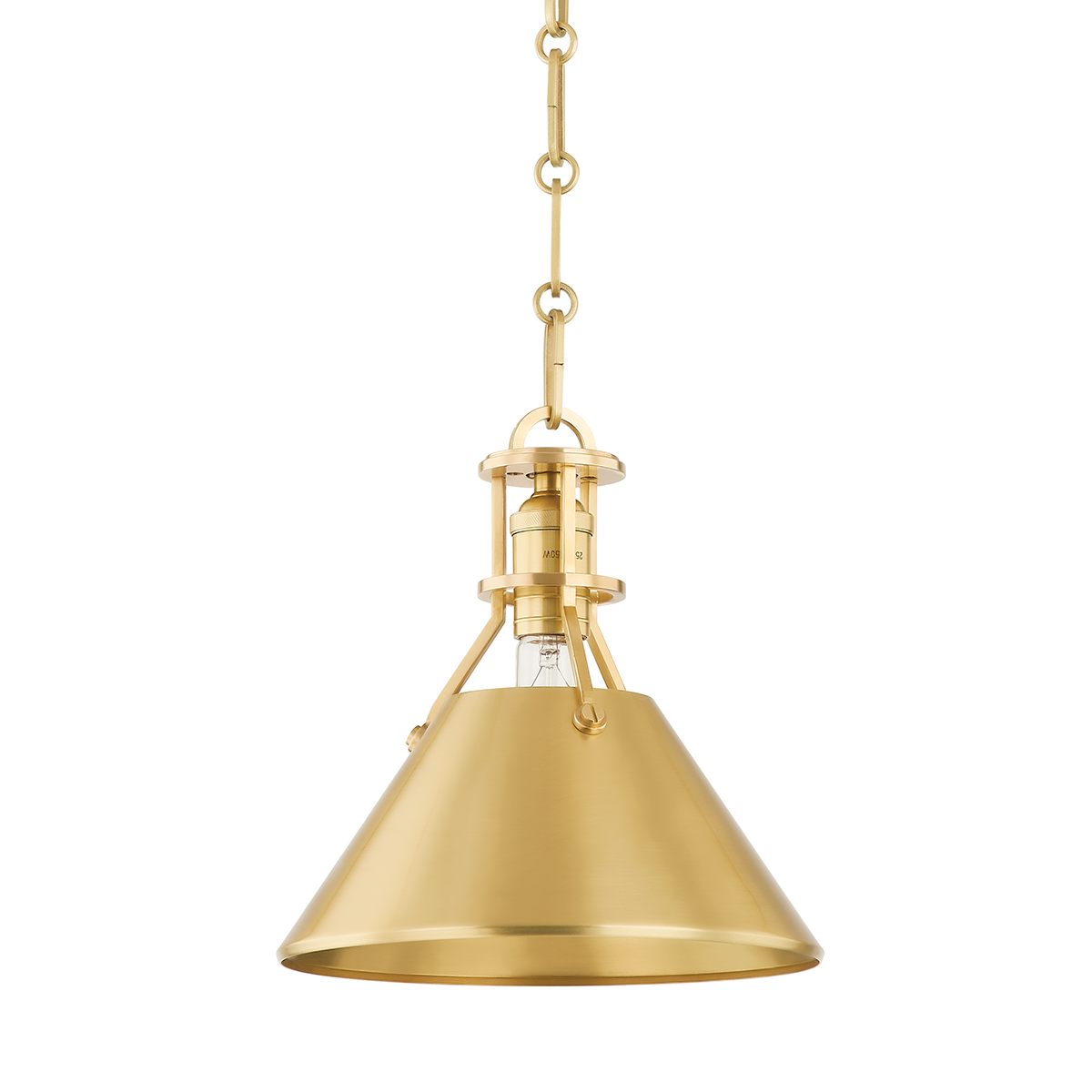 Metal No. 2 Pendant 9.5" in aged brass shown from a second angle to highlight the shade shape and metal detail.
