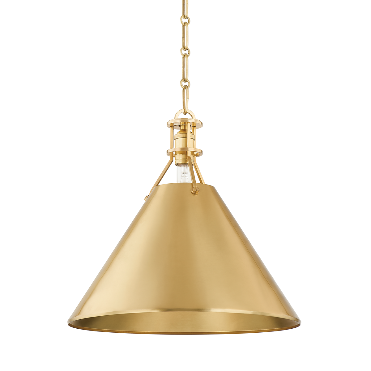 Metal No. 2 Pendant 16" in aged brass shown from a second angle to highlight the shade shape and metal detail.