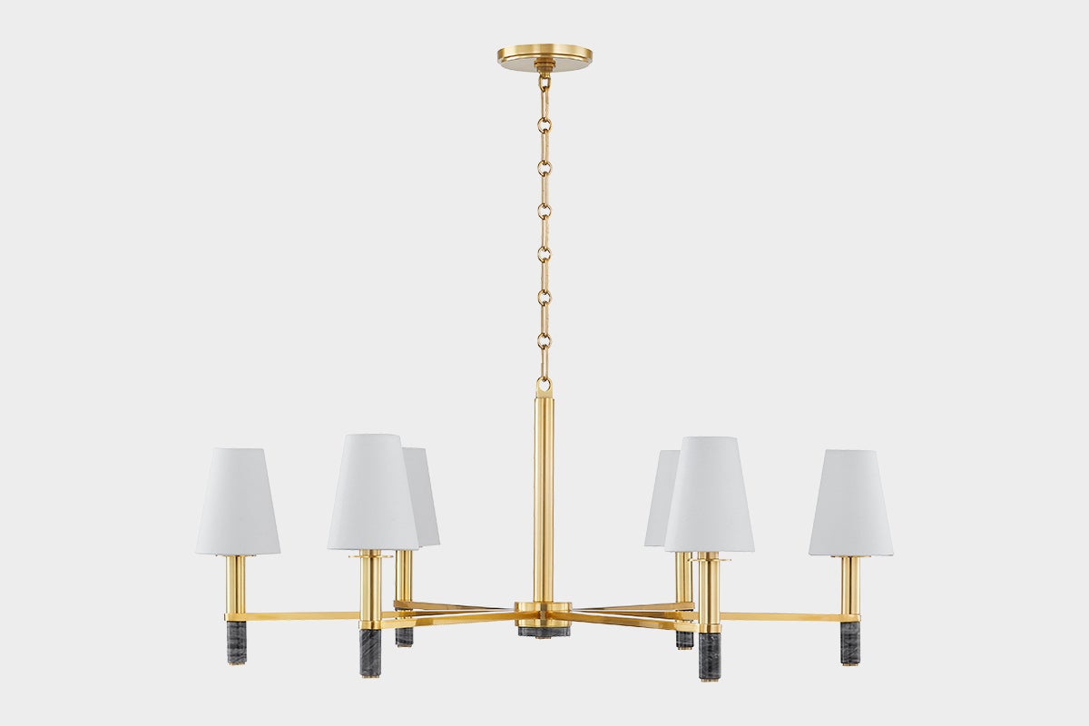 Montreal Chandelier 40" in aged brass shown from a second angle to highlight the frame, arms, and shade detail.