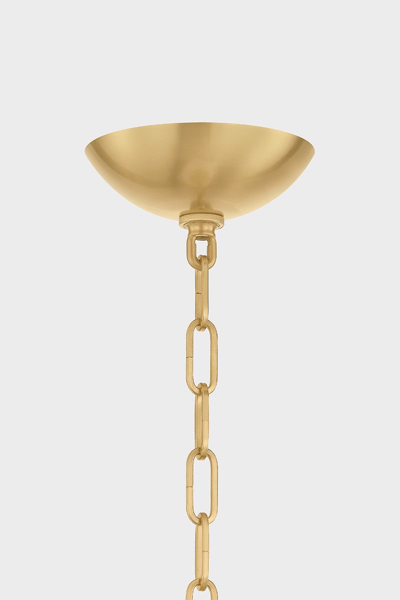 Moore Pendant 12" in aged brass shown from a second angle to highlight the shade shape and metal detail.