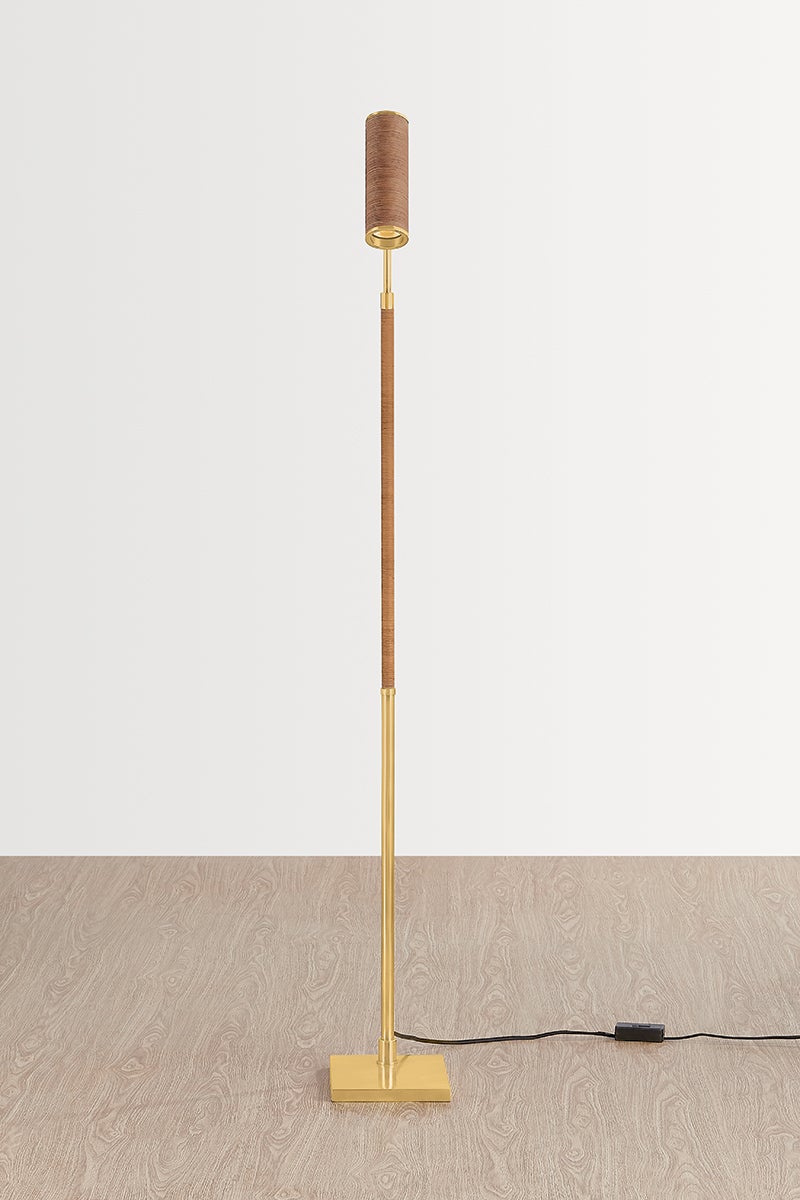 Narragansett Floor Lamp in aged brass shown from a second angle to highlight the stem, base, and shade proportions.