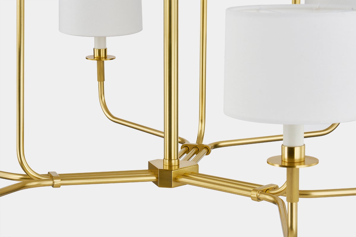 Paramus Chandelier 48" in aged brass shown from the front to reveal the frame, arms, and shade detail.