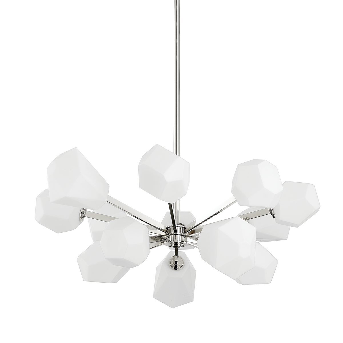 Tring Chandelier in polished nickel shown from a second angle to highlight the frame, arms, and shade detail.