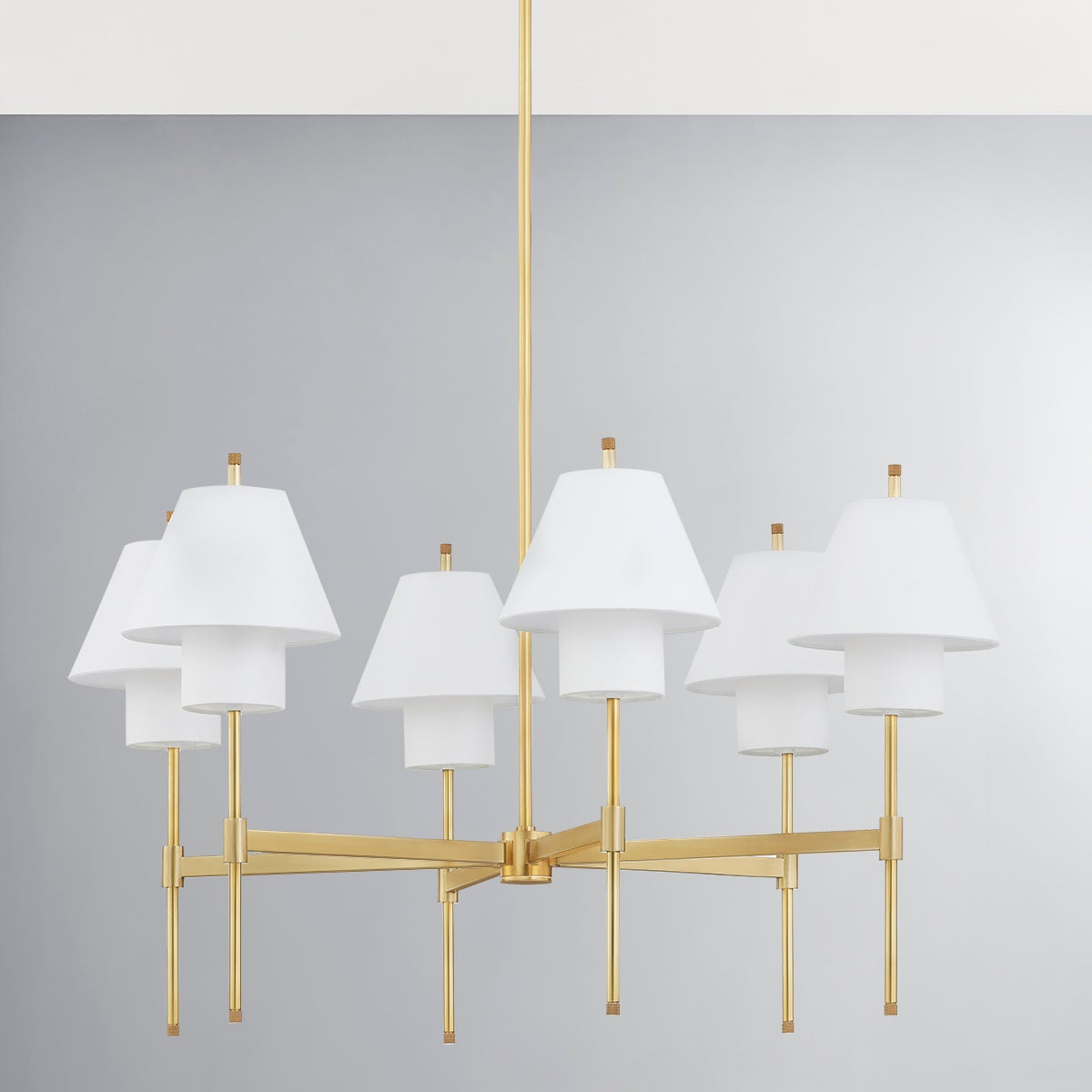 Glenmoore Chandelier 34.75" x 26.25" in aged brass shown from the front to reveal the frame, arms, and shade detail.