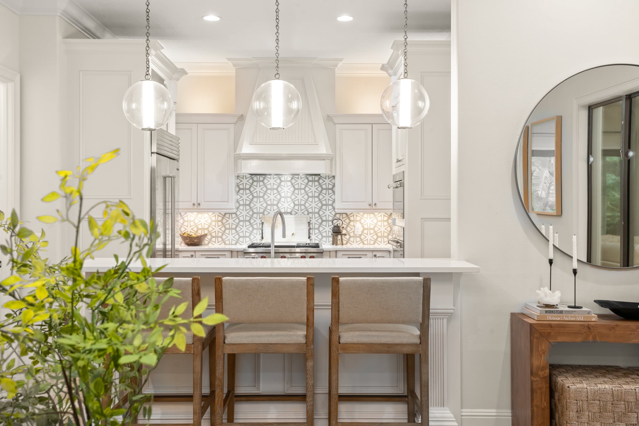 Pietra Pendant 12" styled in a bright kitchen for warm, layered light at Laurie Yapp Home.