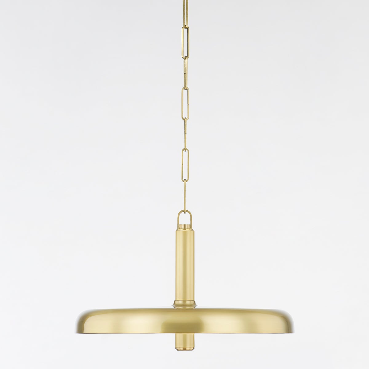 Reynolds Pendant 19.75" in aged brass shown from a second angle to highlight the shade shape and metal detail.