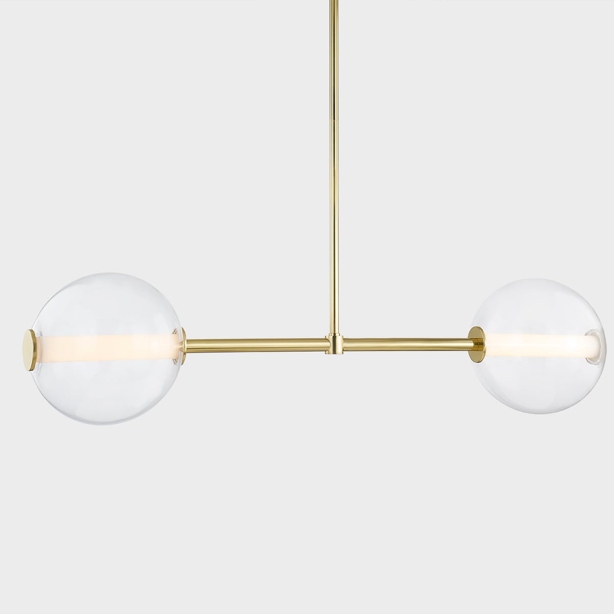 Richford Linear in aged brass shown from a second angle to highlight the extended frame and shade array.