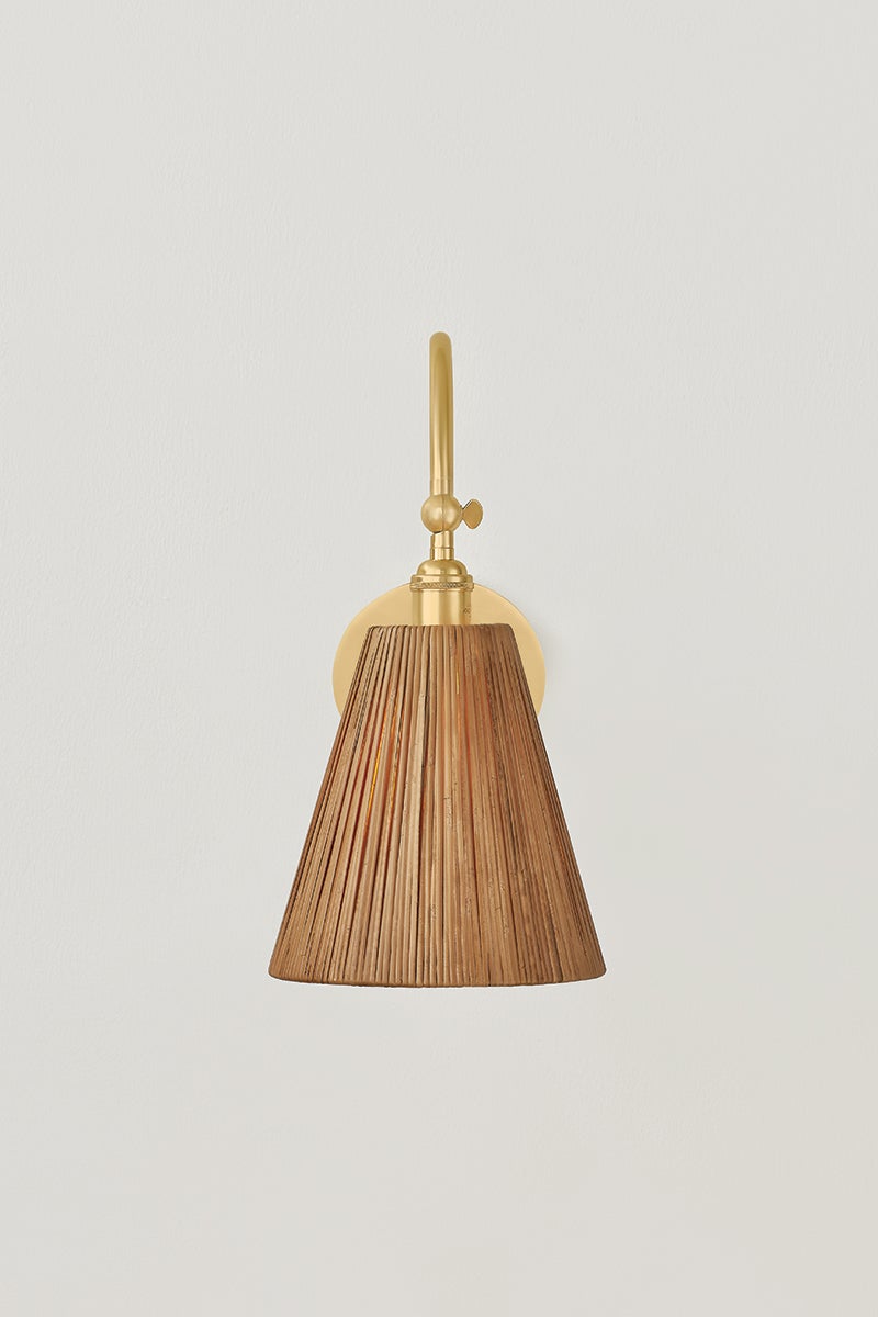 Ruthin Wall Sconce in aged brass shown from a second angle to highlight the arm curve and shade silhouette.