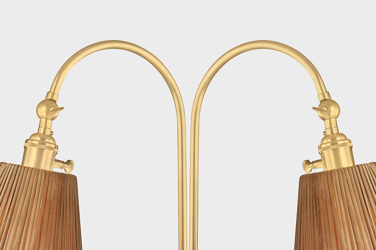 Ruthin Floor Lamp in aged brass shown from a second angle to highlight the stem, base, and shade proportions.