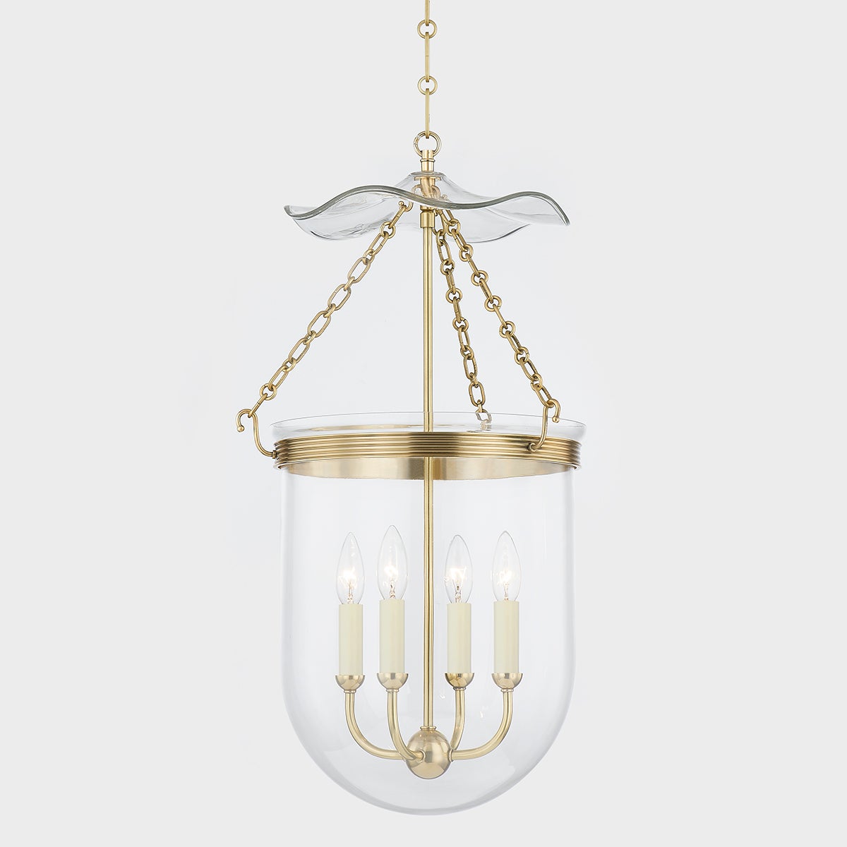 Rousham Lantern 15.75" in aged brass shown from a second angle to highlight the frame and glass panel detail.