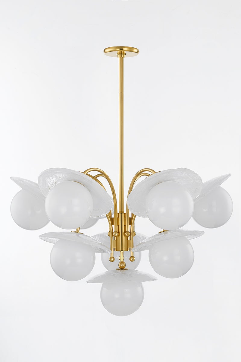 Stampford Chandelier in aged brass shown from a second angle to highlight the frame, arms, and shade detail.