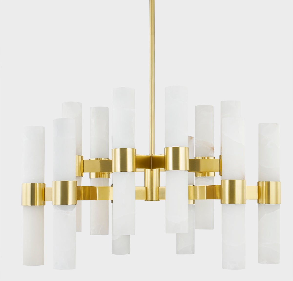 Stowe Chandelier in aged brass shown from a second angle to highlight the frame, arms, and shade detail.