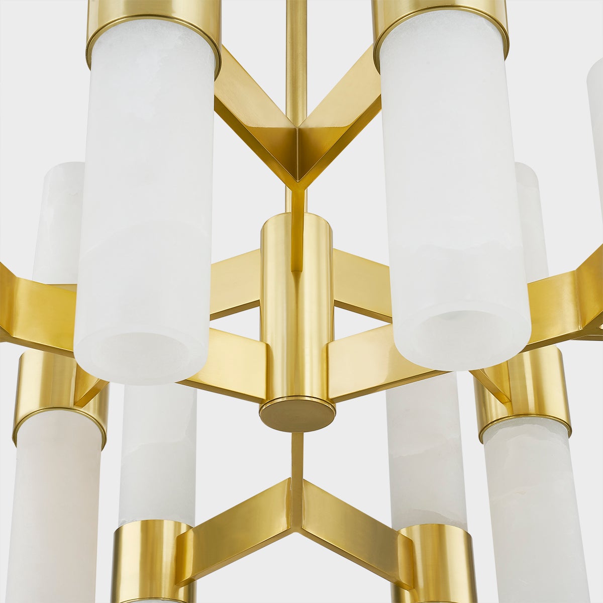 Stowe Chandelier in aged brass shown from the front to reveal the frame, arms, and shade detail.