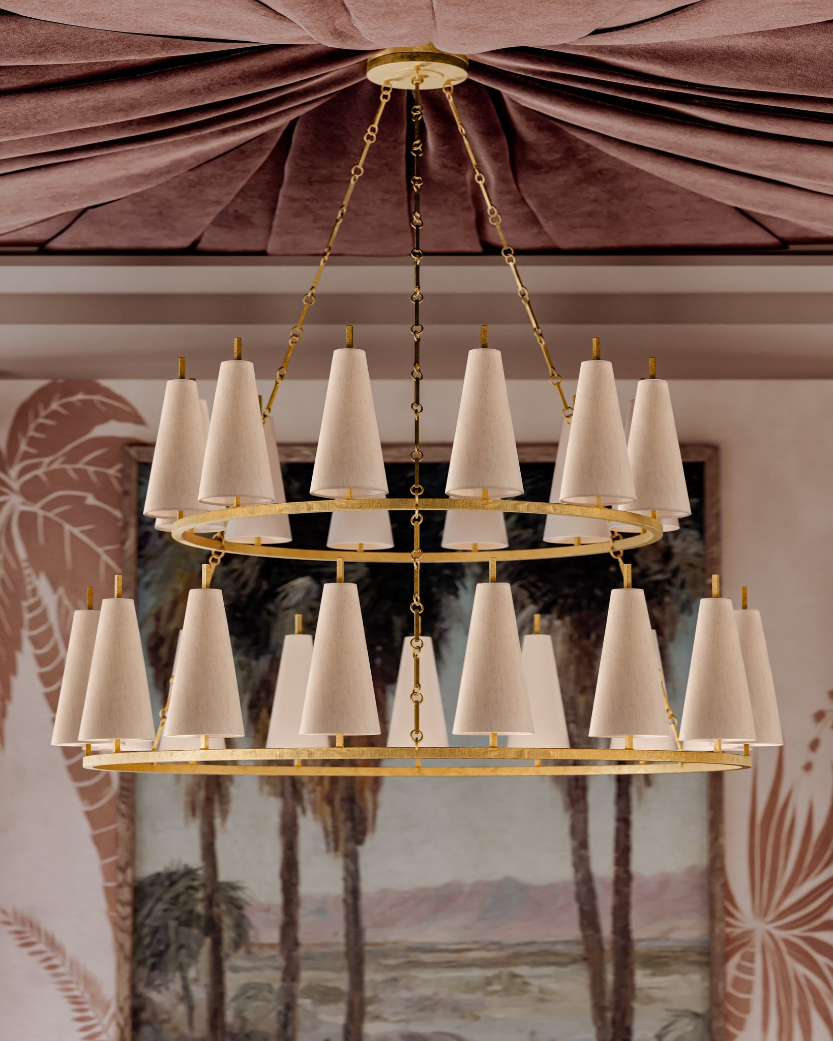 Tirana Chandelier 54.75" x 31" styled in an elegant dining room for warm, layered light at Laurie Yapp Home.