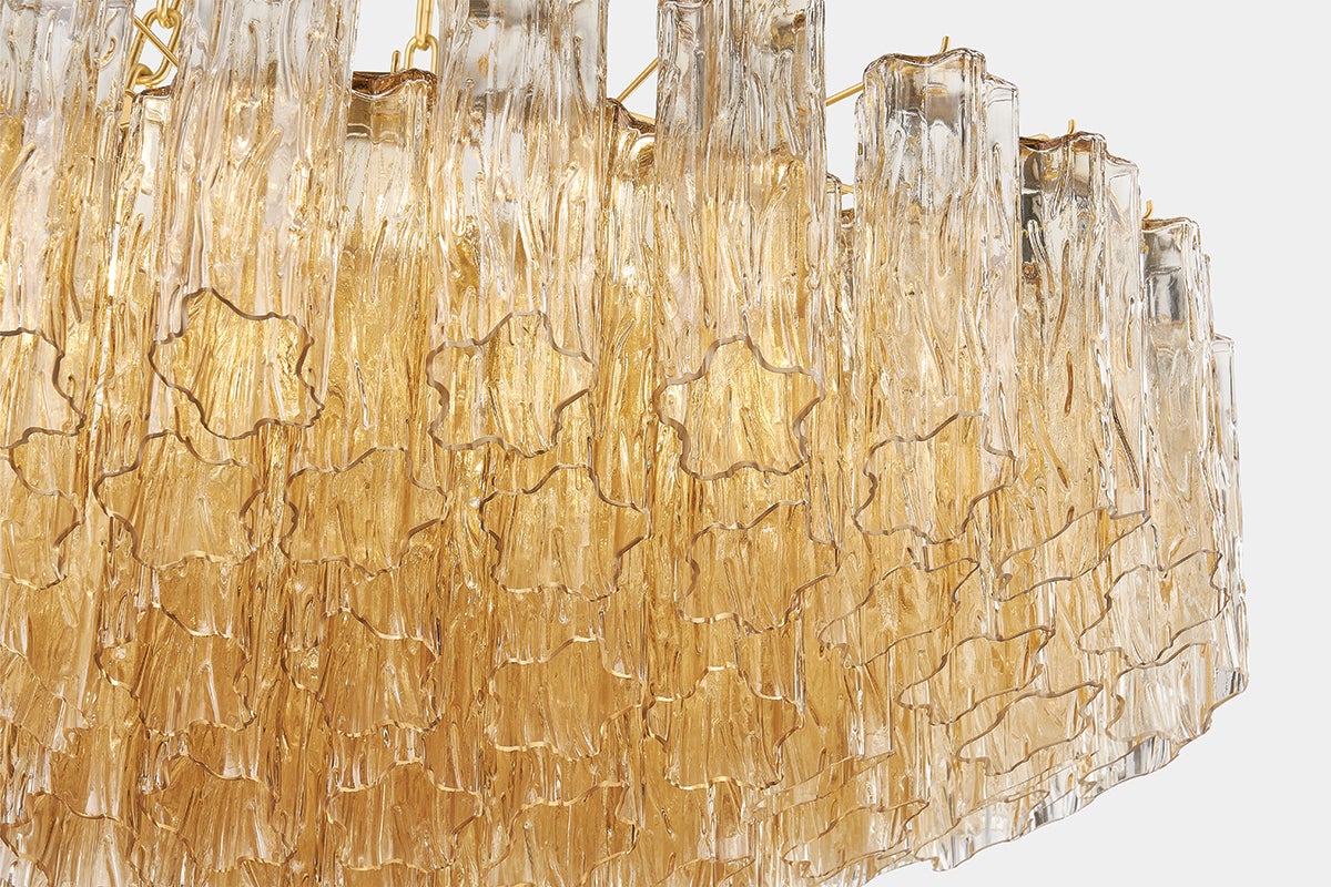 Watertown Chandelier 33" in aged brass shown from the front to reveal the frame, arms, and shade detail.