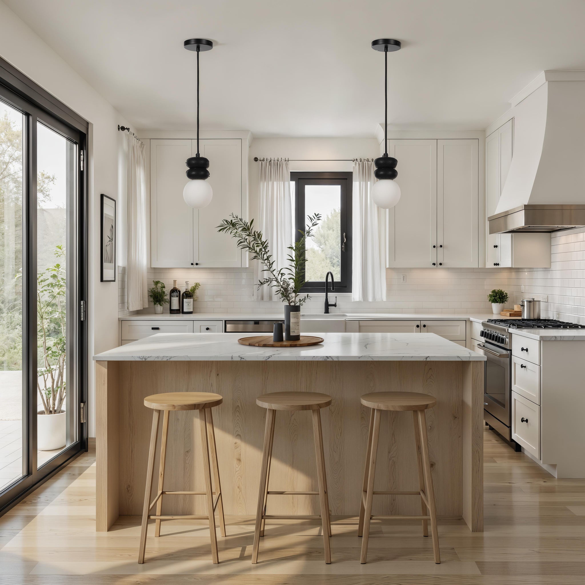 Modern kitchen with two Solene pendant lights above an island and wooden stools