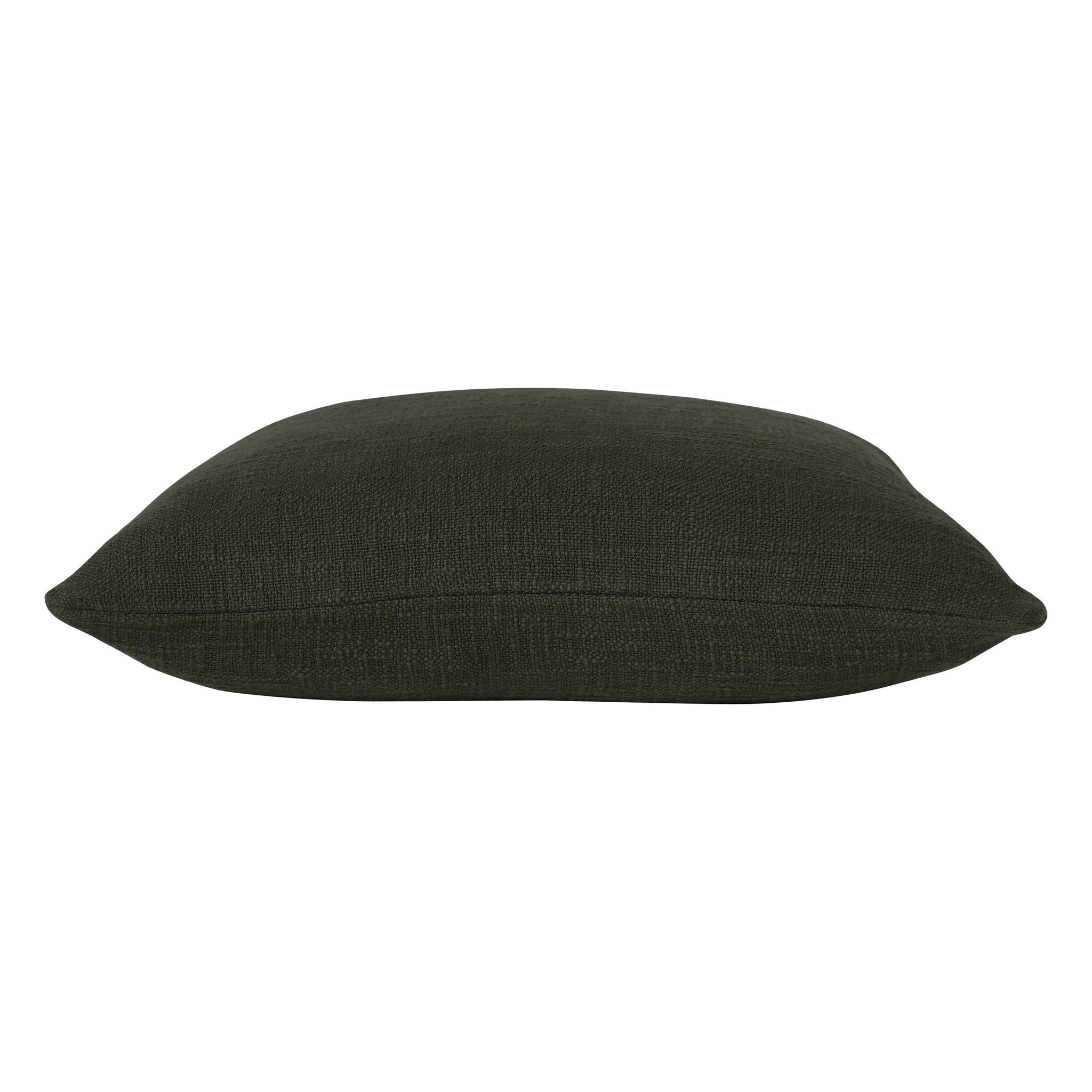 Sandro indoor pillow in dark green viewed from the side, showcasing its thickness.
