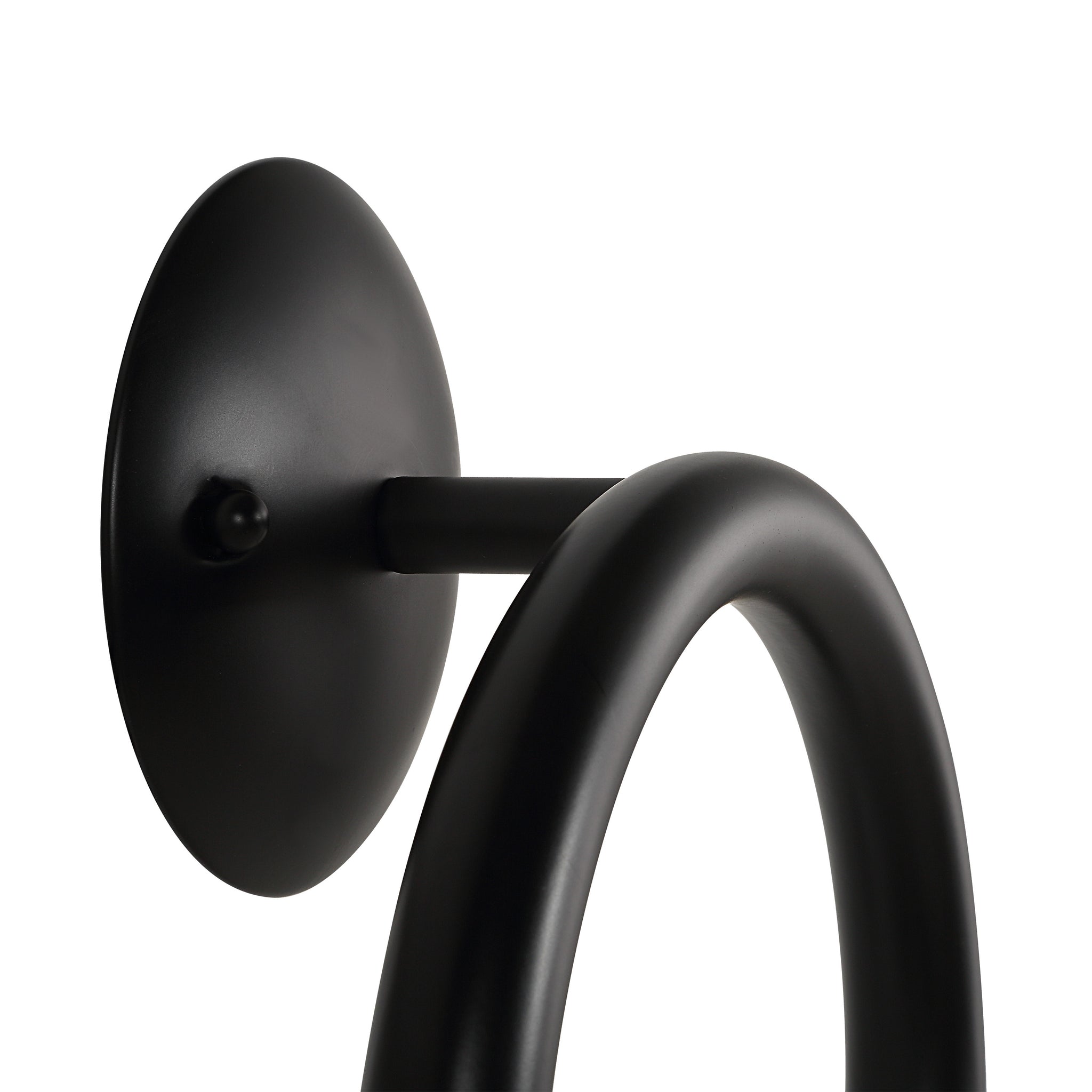 Close-up of Santo wall sconce showing black mount and curved arm