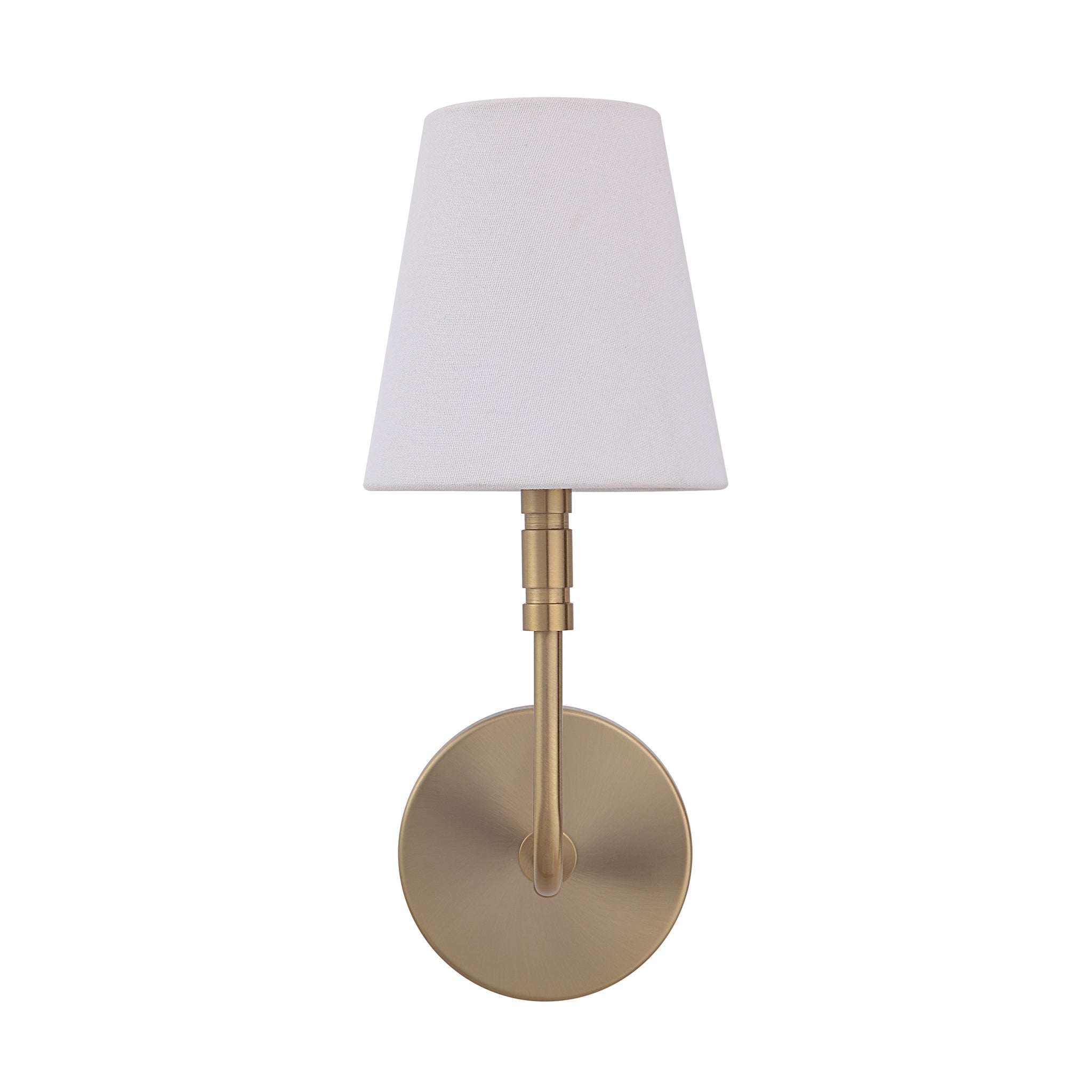Milia Wall Sconce in gold finish with white fabric shade, mounted on a round base.