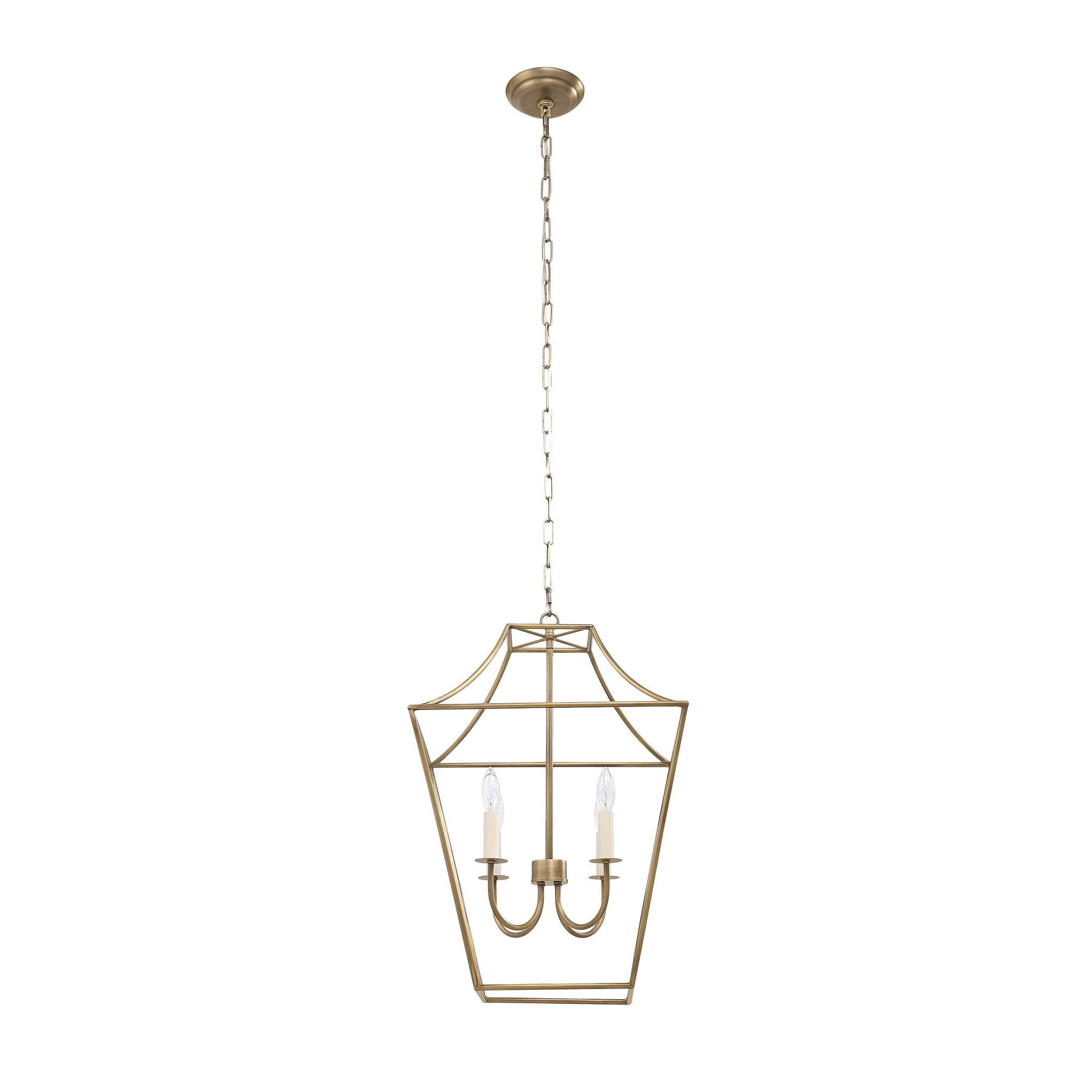 Versailles pendant light in gold finish with three candle-style bulbs and chain.