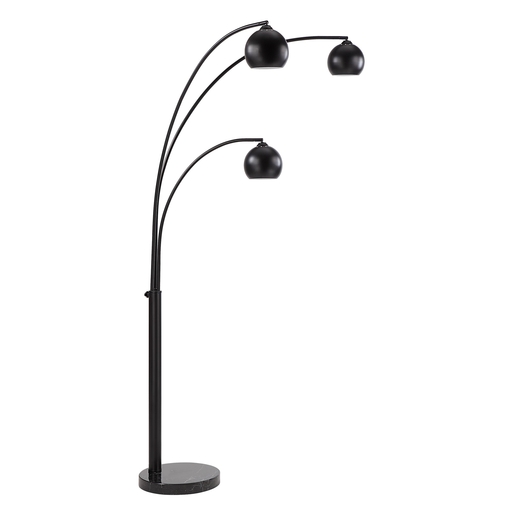 Folia Floor Lamp with three black spherical shades and a round marble base.