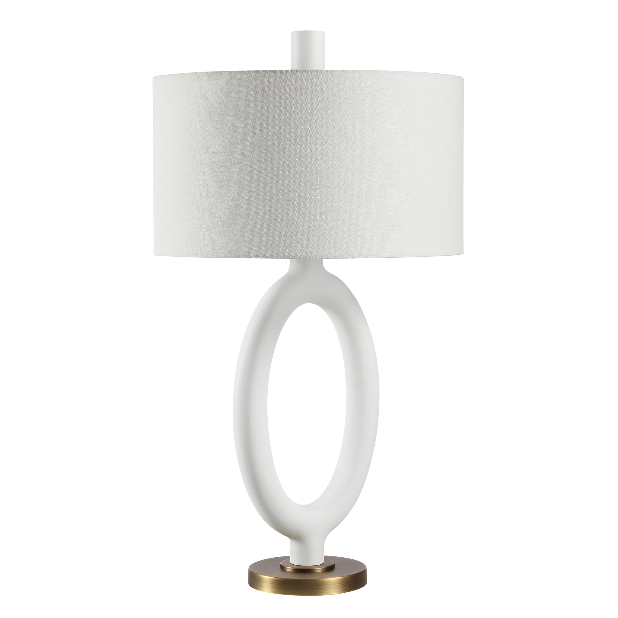 Aeris Table Lamp showcasing a white fabric shade and a white ceramic base with an oval design.