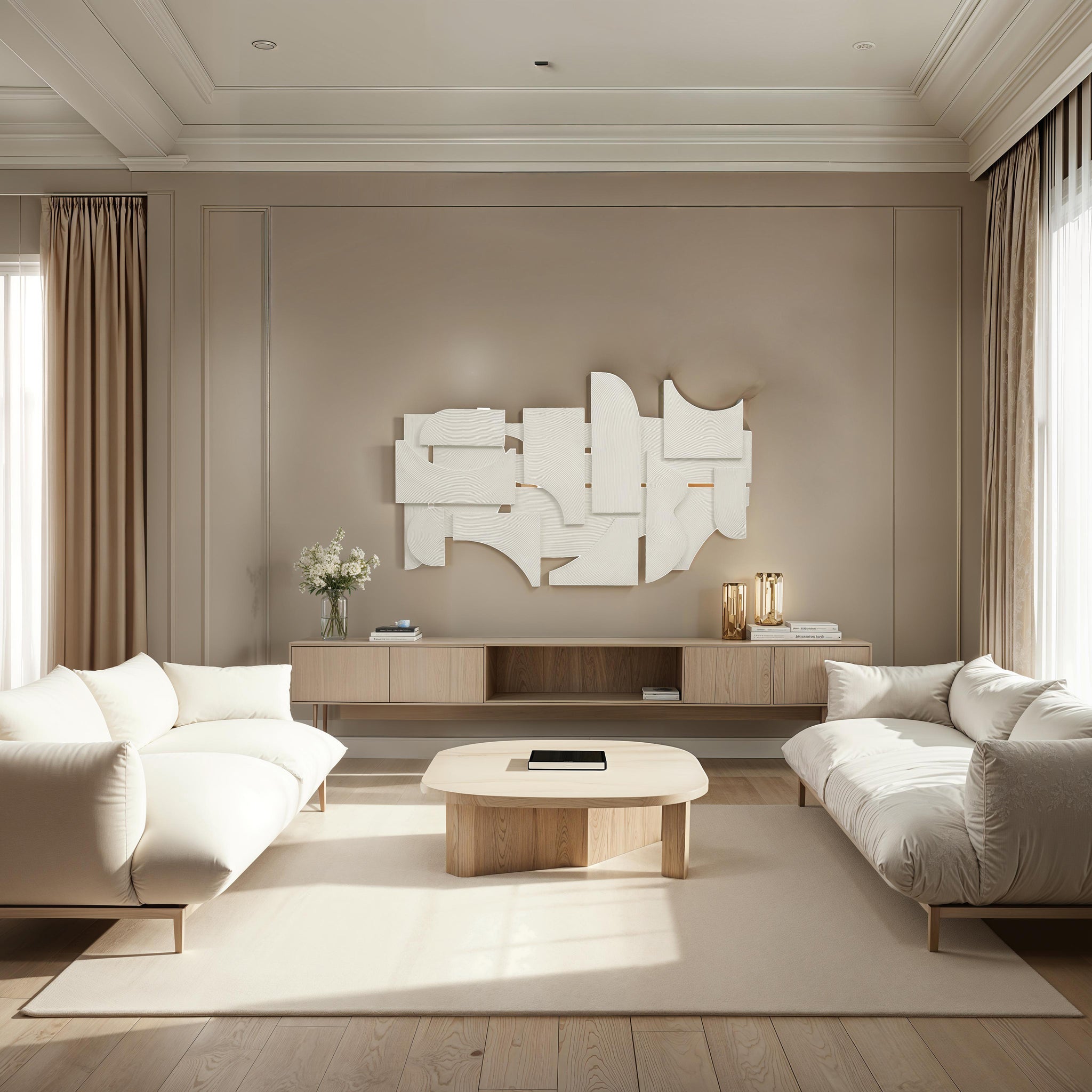 Living room scene featuring Morpho wall art above a modern wooden sofa and coffee table