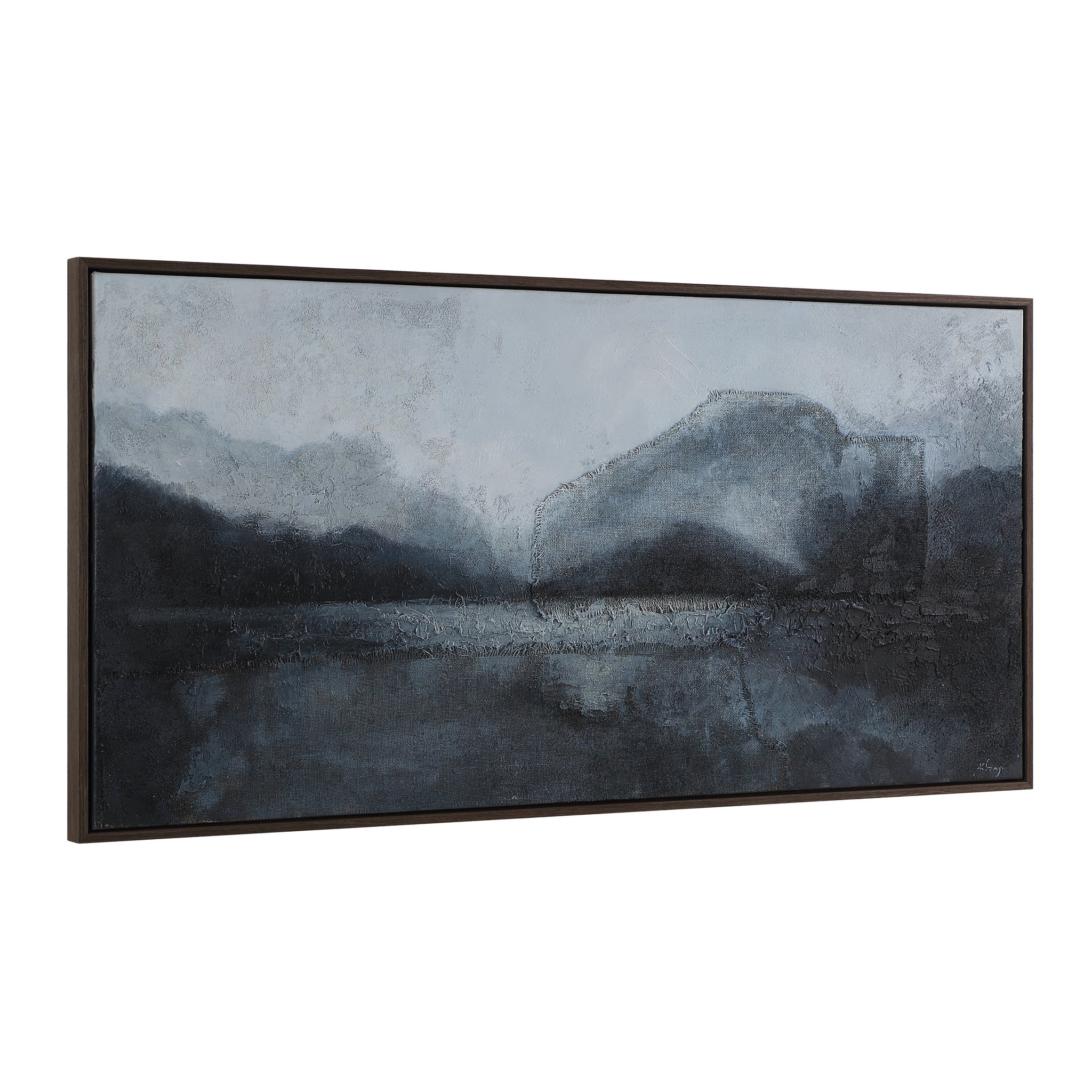 Atlanta canvas art showcasing a moody landscape with dark mountains and water.