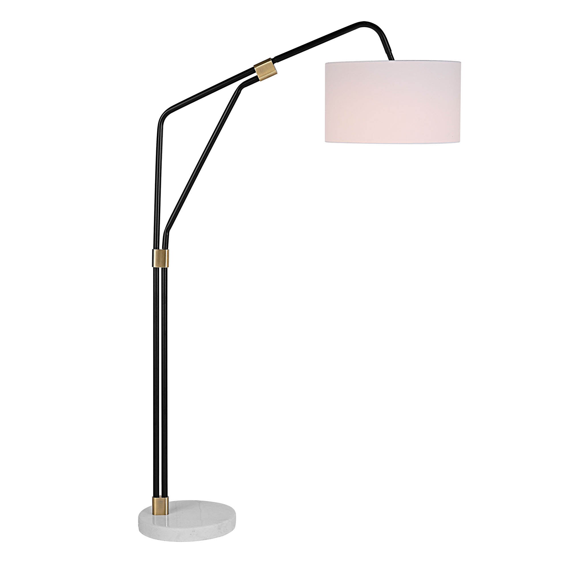 Wroxton Floor Lamp featuring a black frame and white shade, set on a marble base.