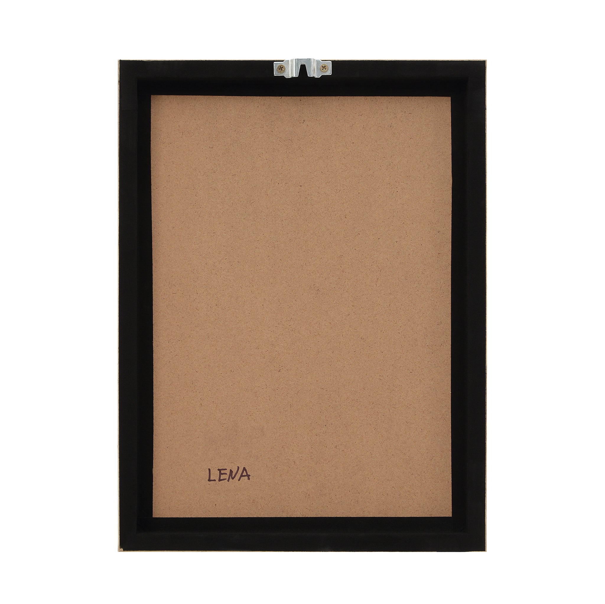 Back view of Henriette framed artwork with a brown backing and a metal hanger