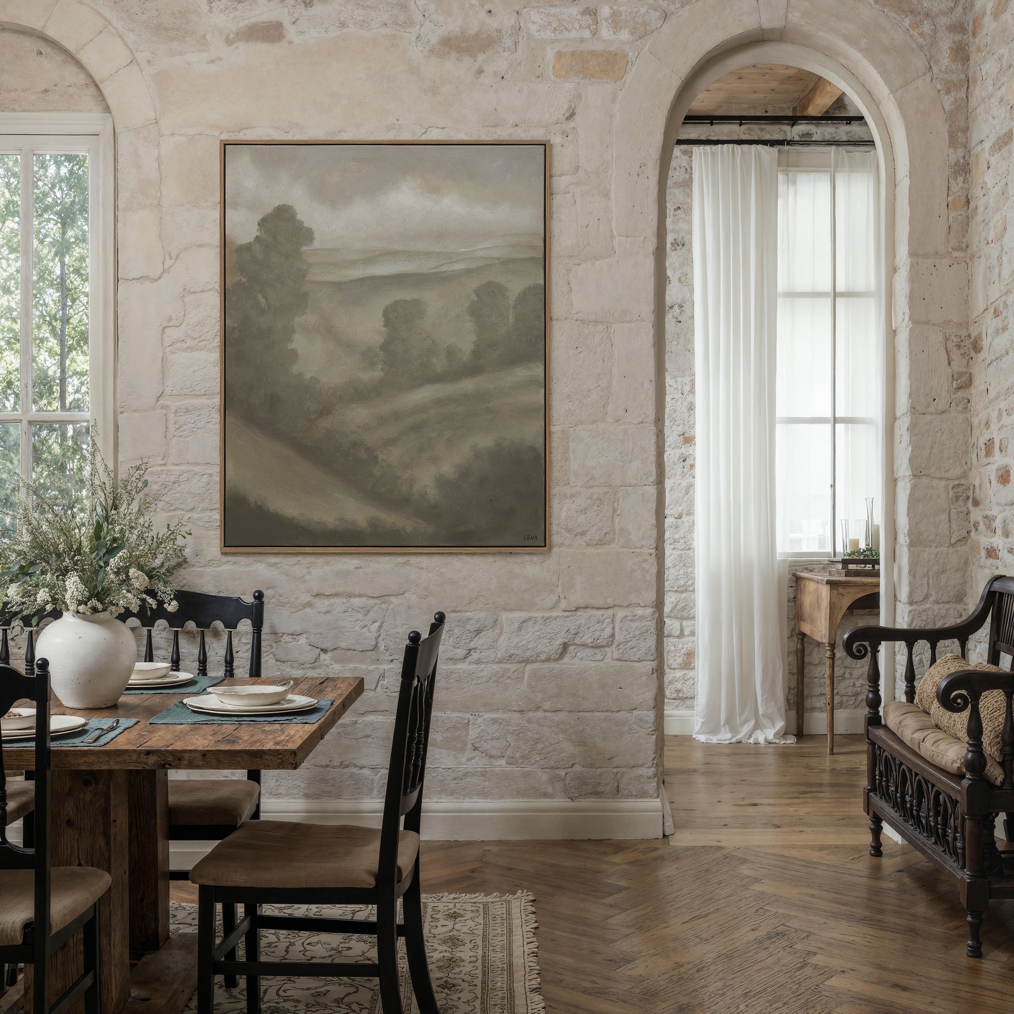 Bruma canvas art featuring a muted landscape with hills and trees in soft tones