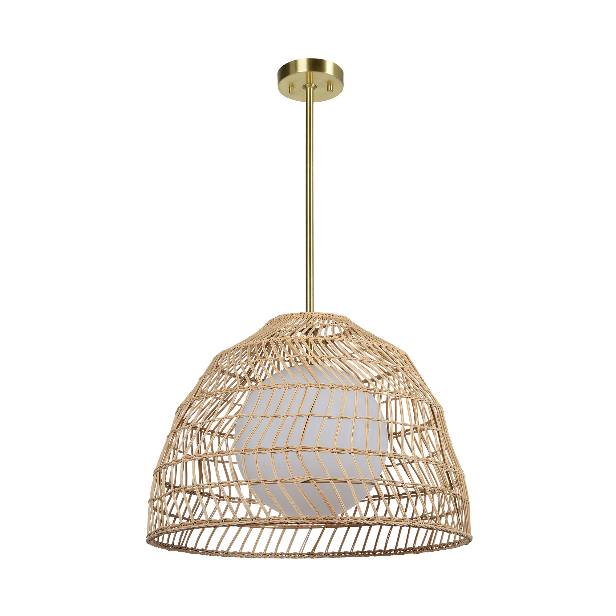 Palm Ceiling Fixture featuring a rattan shade and white globe light, hanging from a brass ceiling mount.