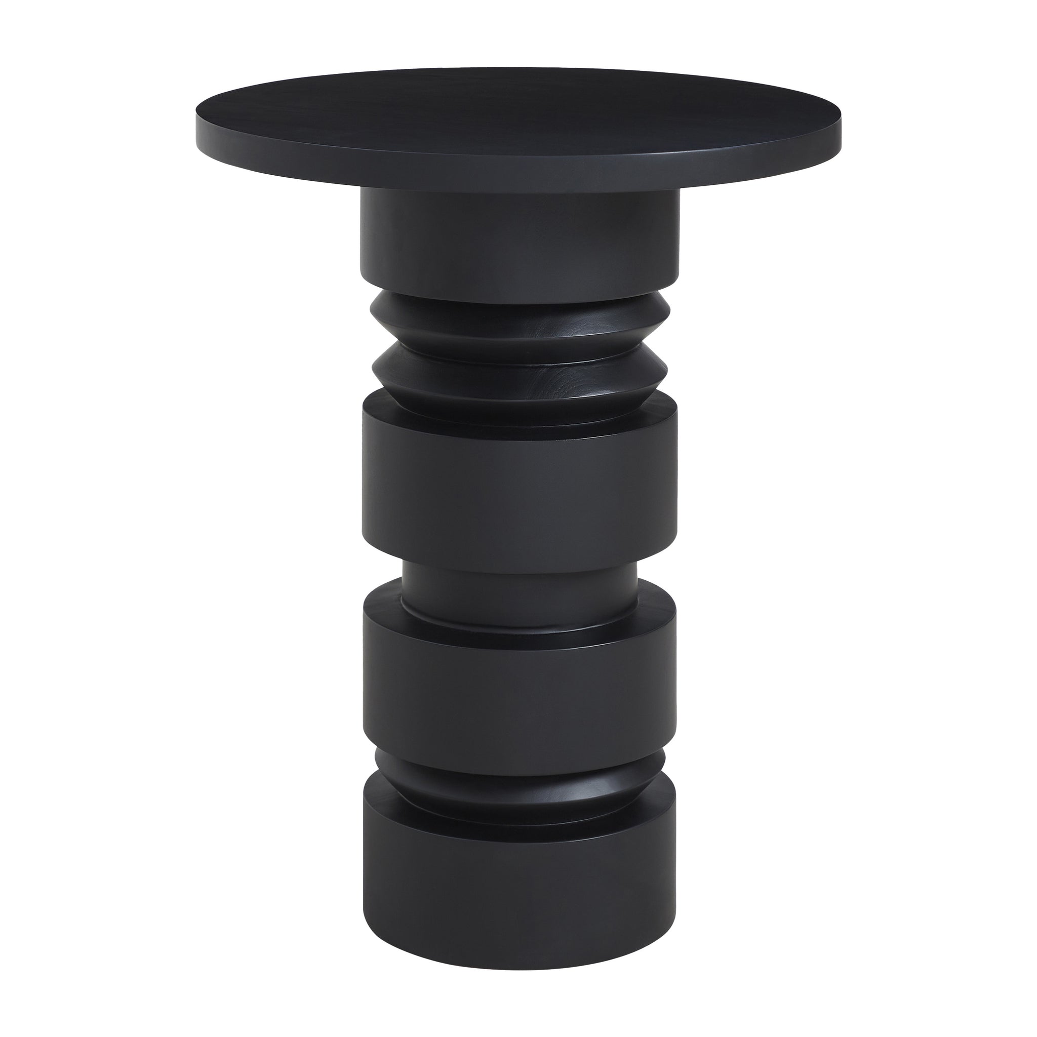 Talpa end table in black with a round top and sculptural base design.