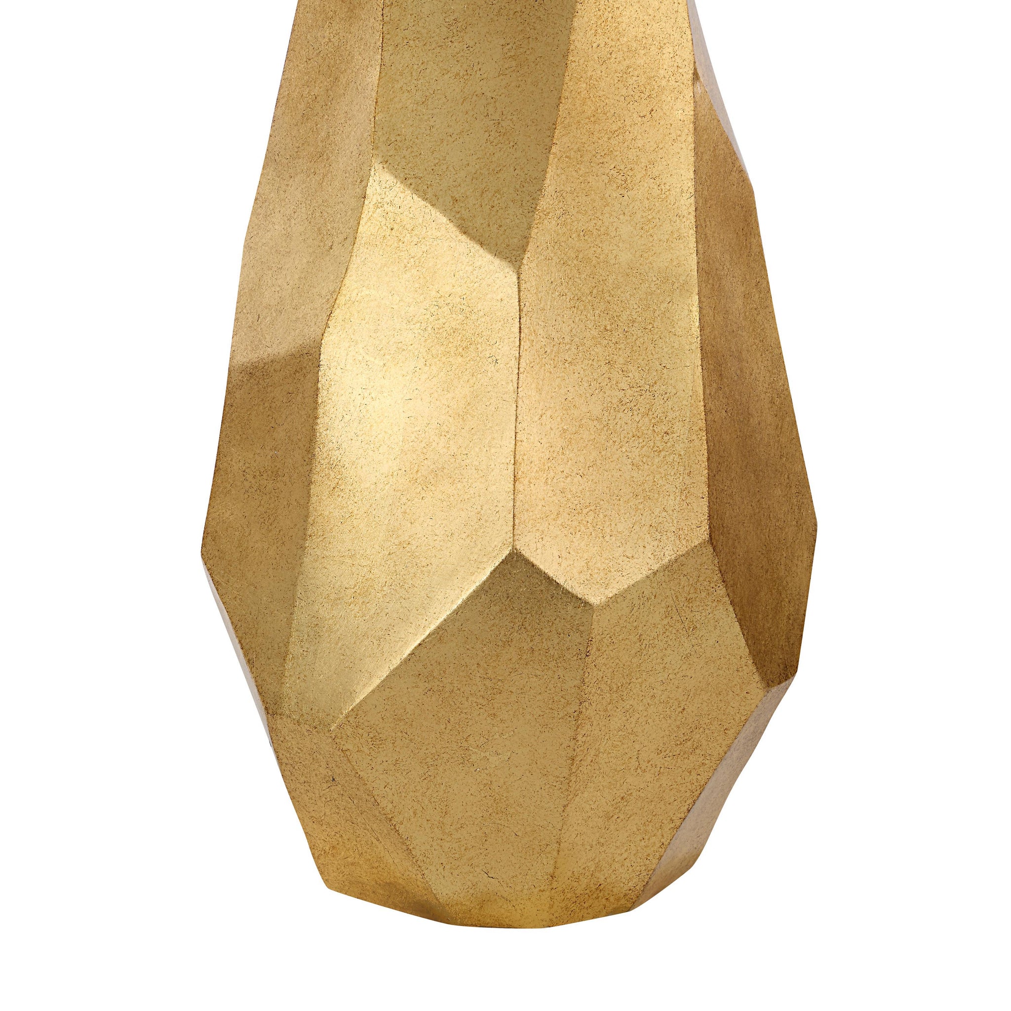 Close-up of the gold geometric base of the Sanae Table Lamp by Renwil.