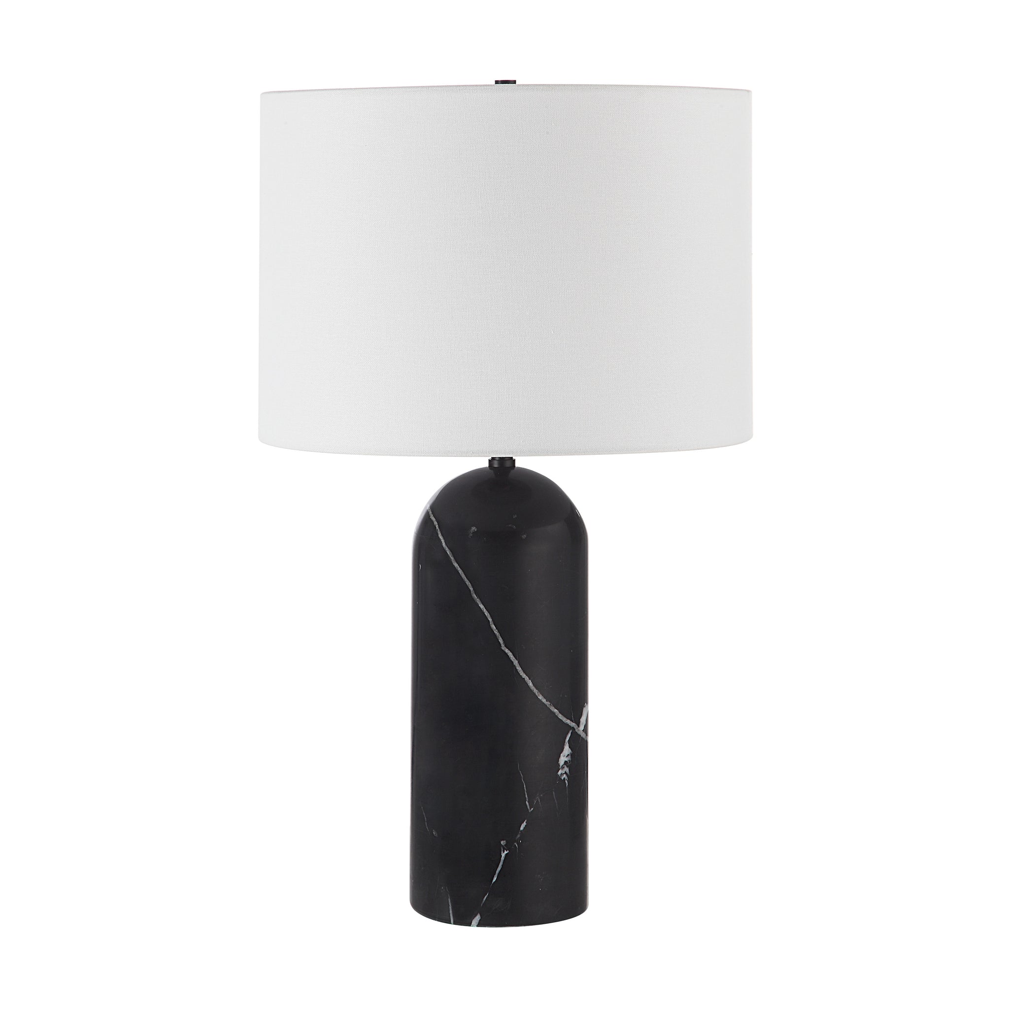 Tyne Table Lamp with black marble base and white fabric shade, front view.