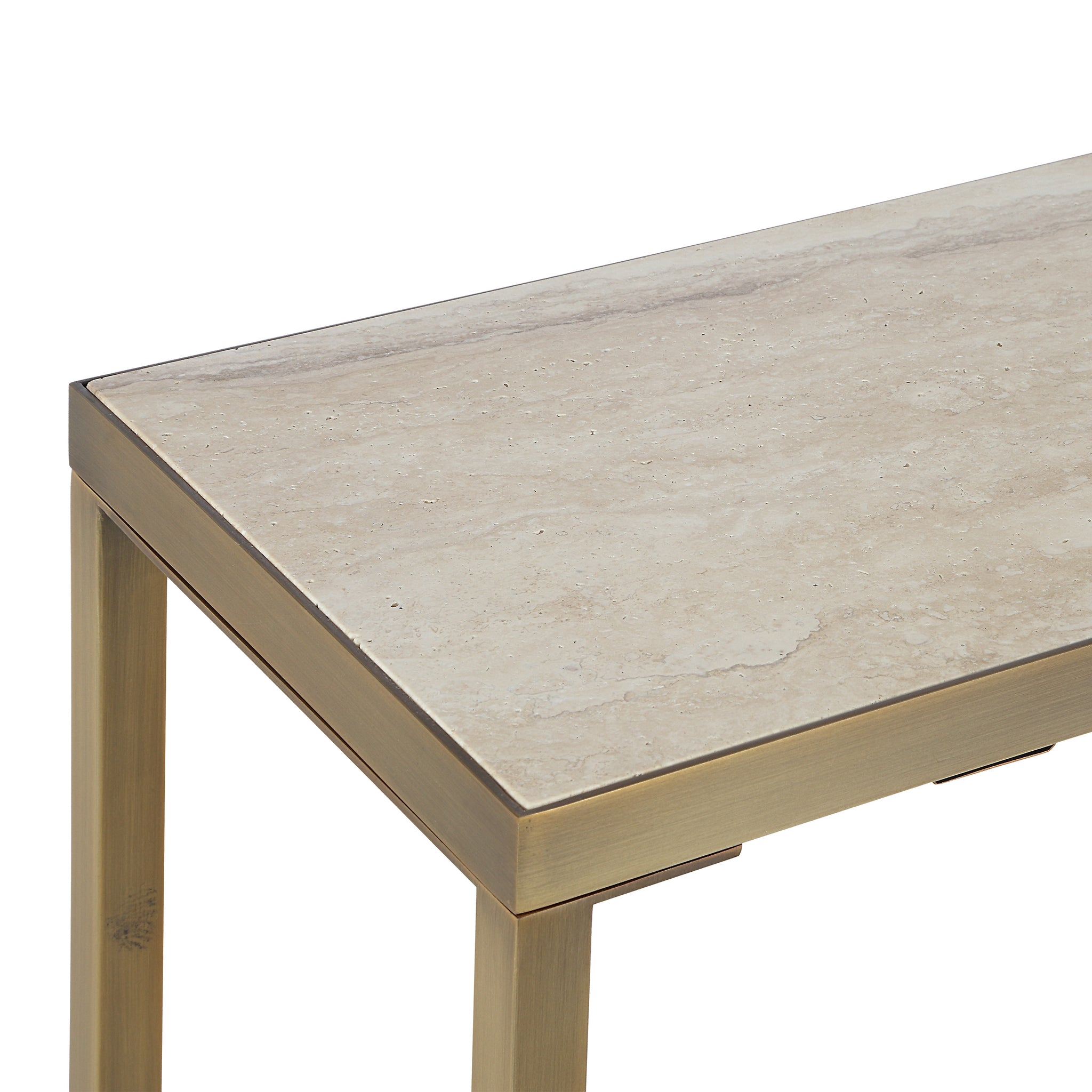 Bodin console table featuring a beige stone top and gold metal frame, angled view showcasing the sleek design.