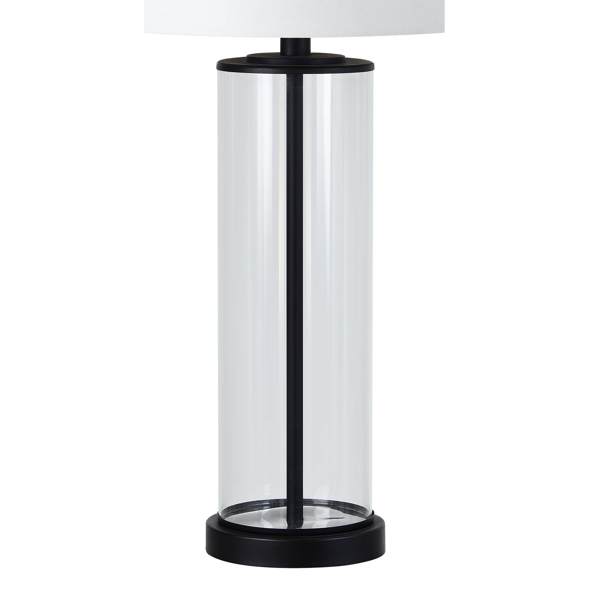 Desdemona Table Lamp with a clear glass base and white fabric shade, showcasing a modern design.