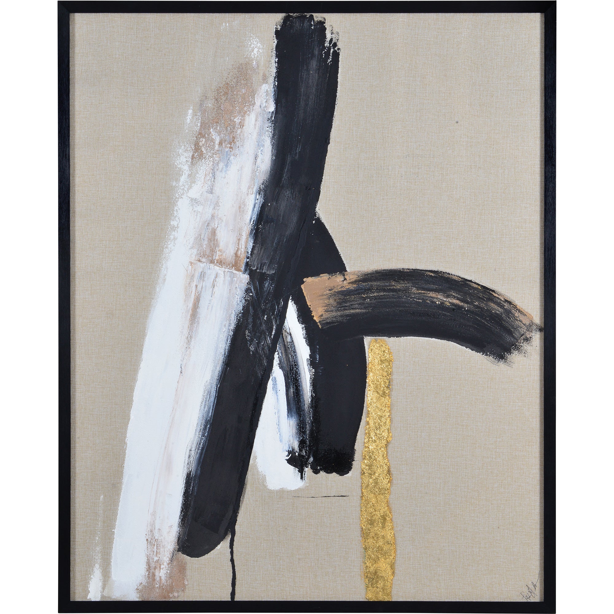Ilya Canvas Art with bold black and white strokes, accented by gold on a beige canvas