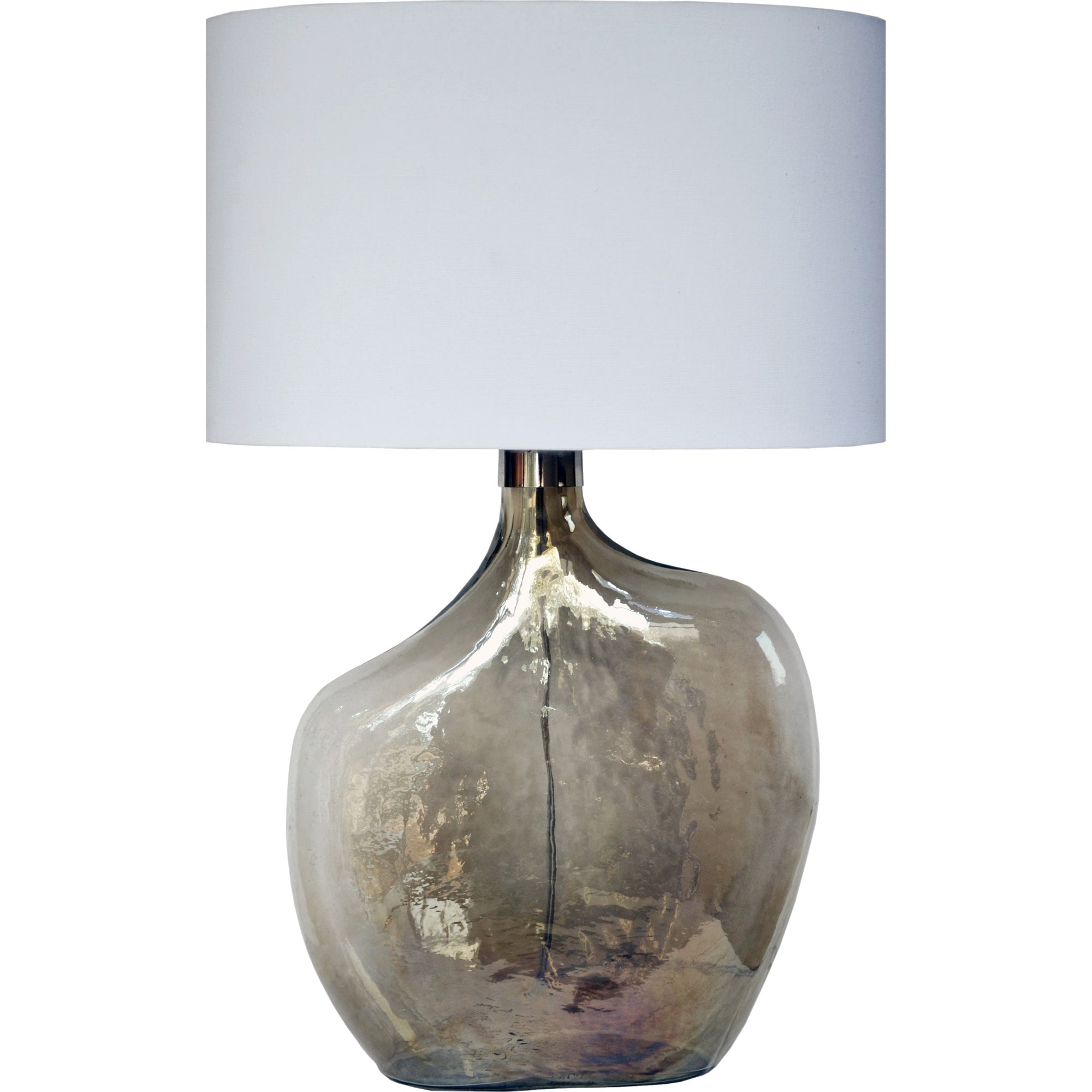 Benedek Table Lamp with a glossy gold glass base and a white fabric shade