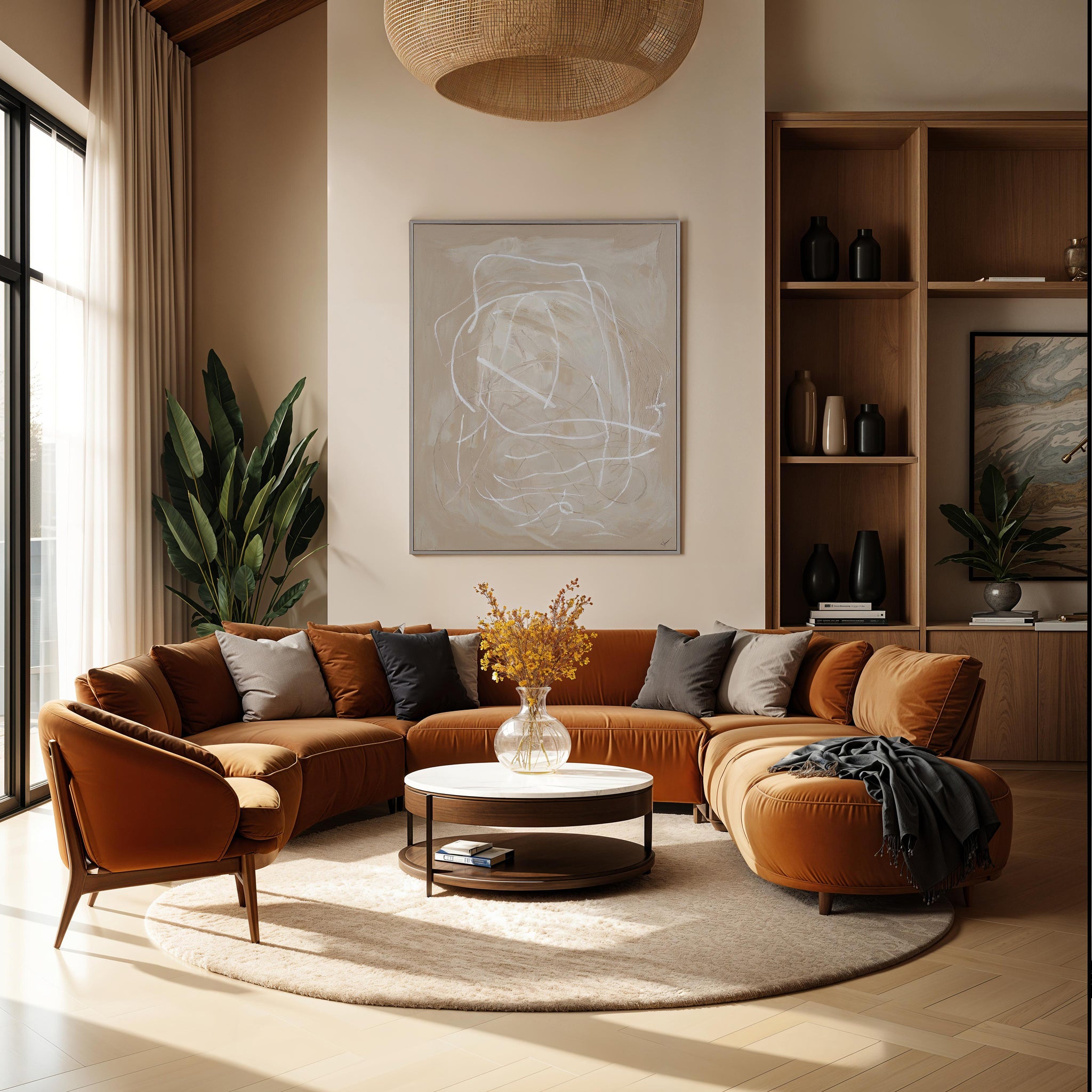 Naxos canvas art displayed in a modern living room with a brown sectional sofa.