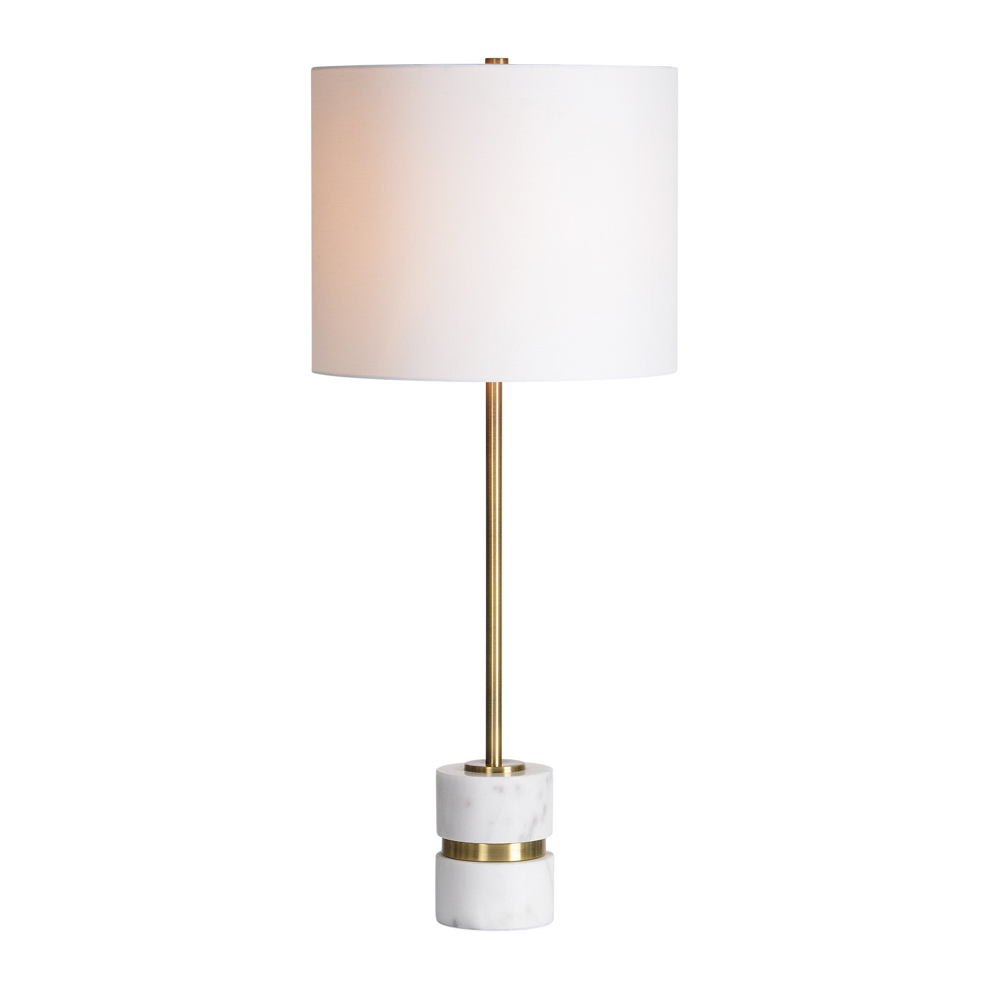 Talulla Table Lamp with white shade and marble base, lit to showcase warm glow.
