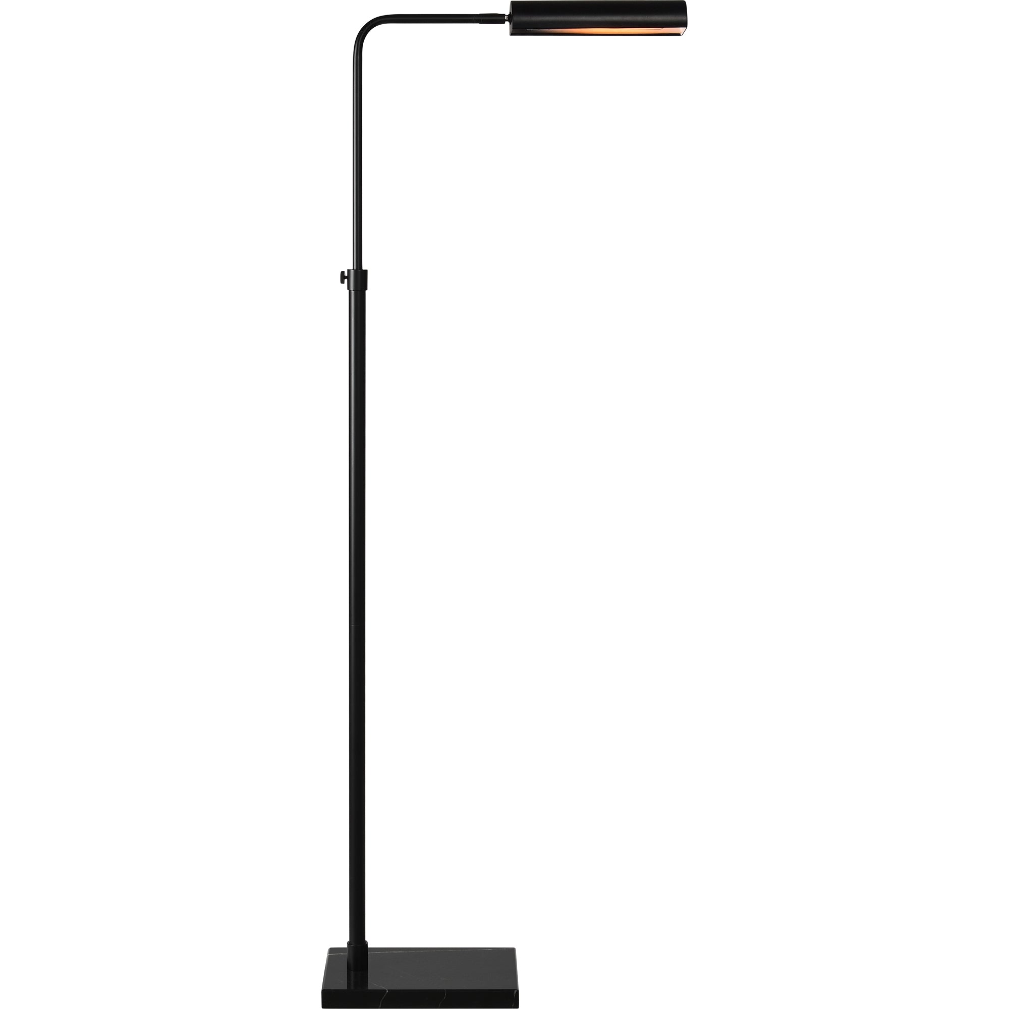 Fadia Floor Lamp in black, with an illuminated cylindrical shade and adjustable arm.