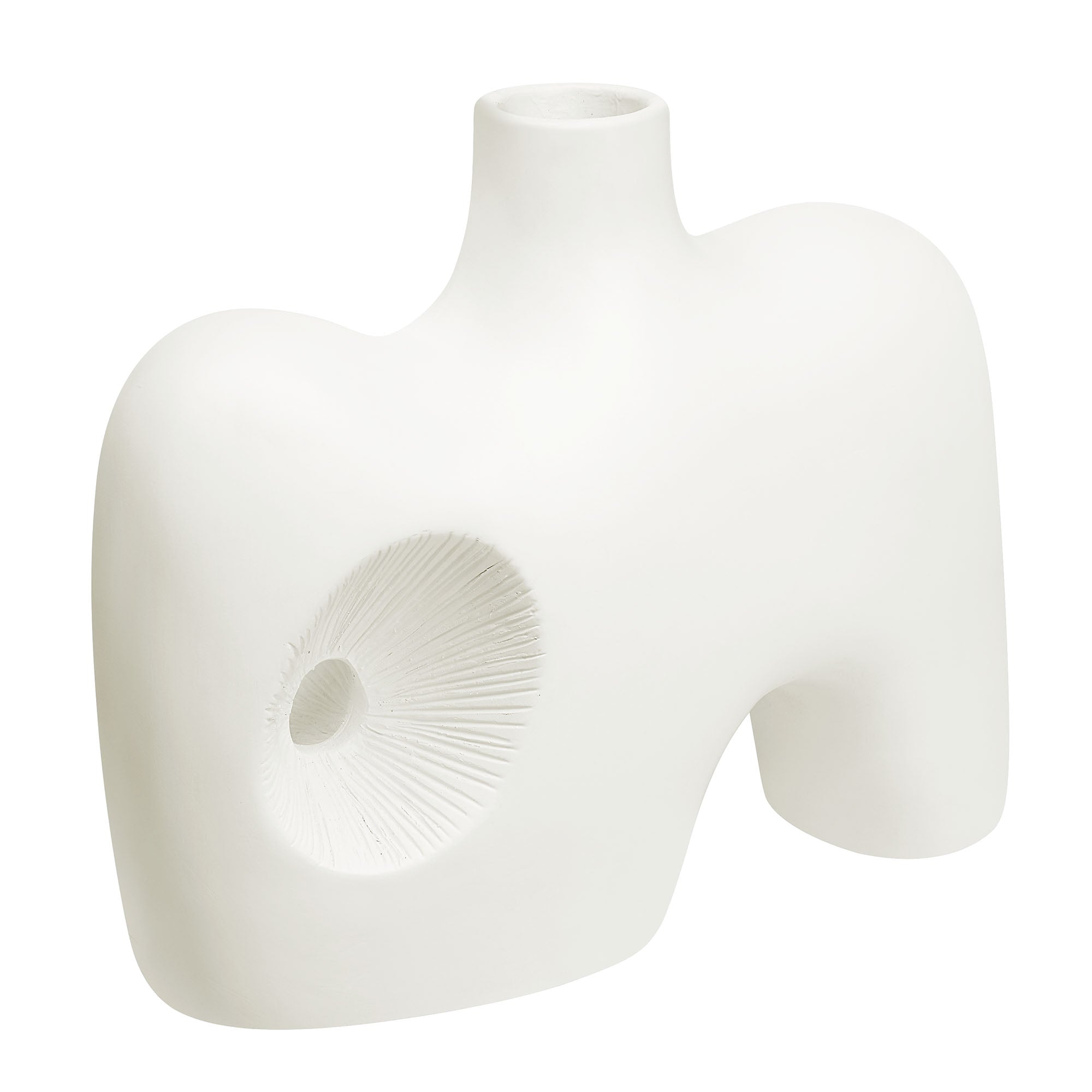 Mariner Vase featuring a textured circular cut-out, crafted from white ceramic.