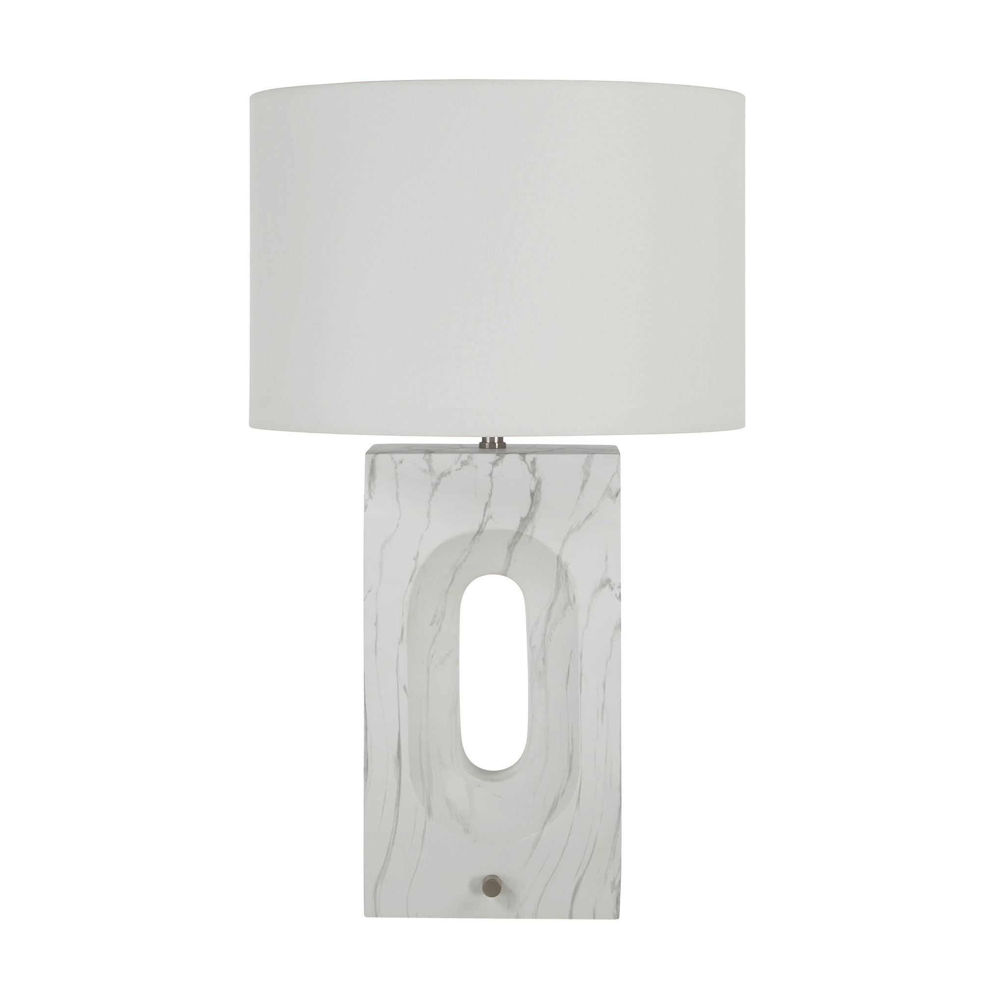 Scriba table lamp by Renwil with a white marble base and a white fabric shade.