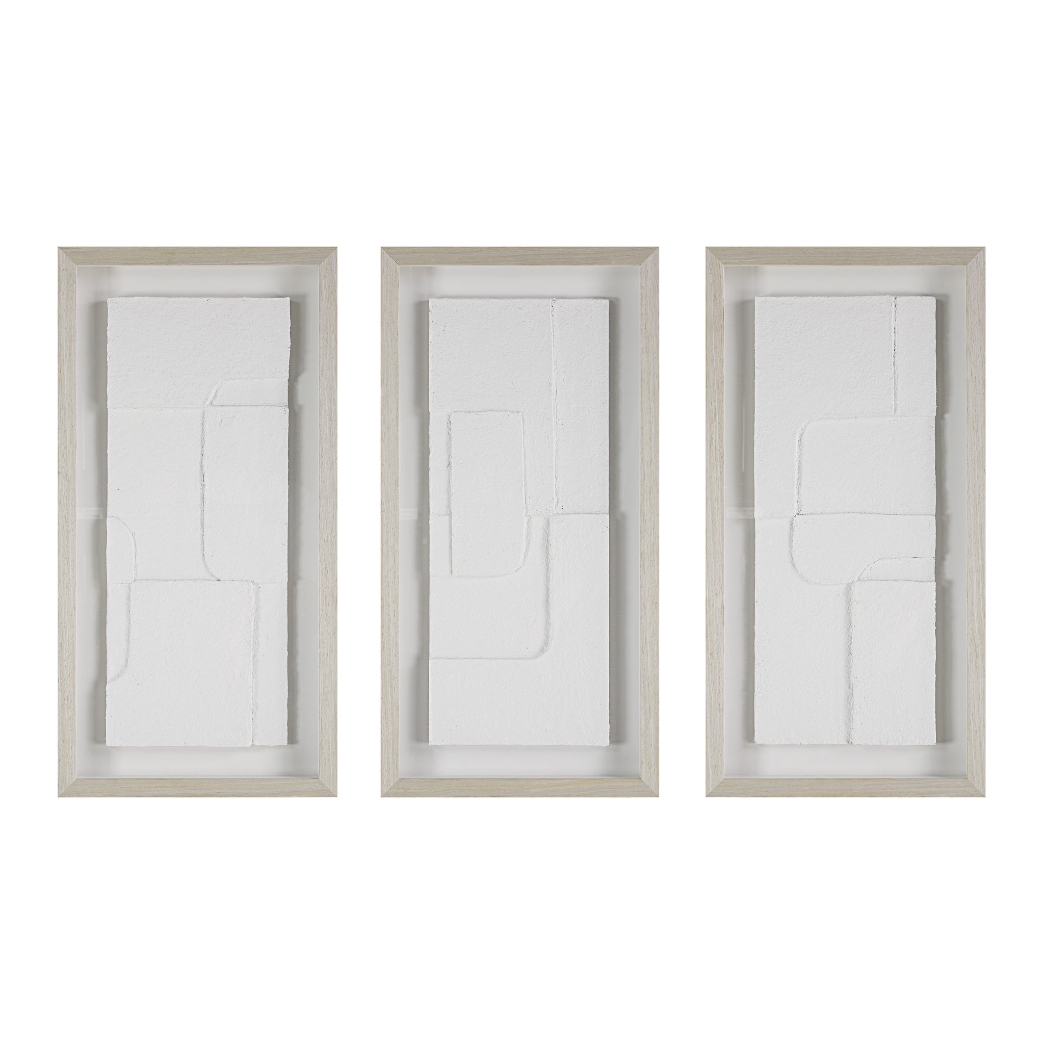 Arches wall art featuring three white textured panels in light wood frames
