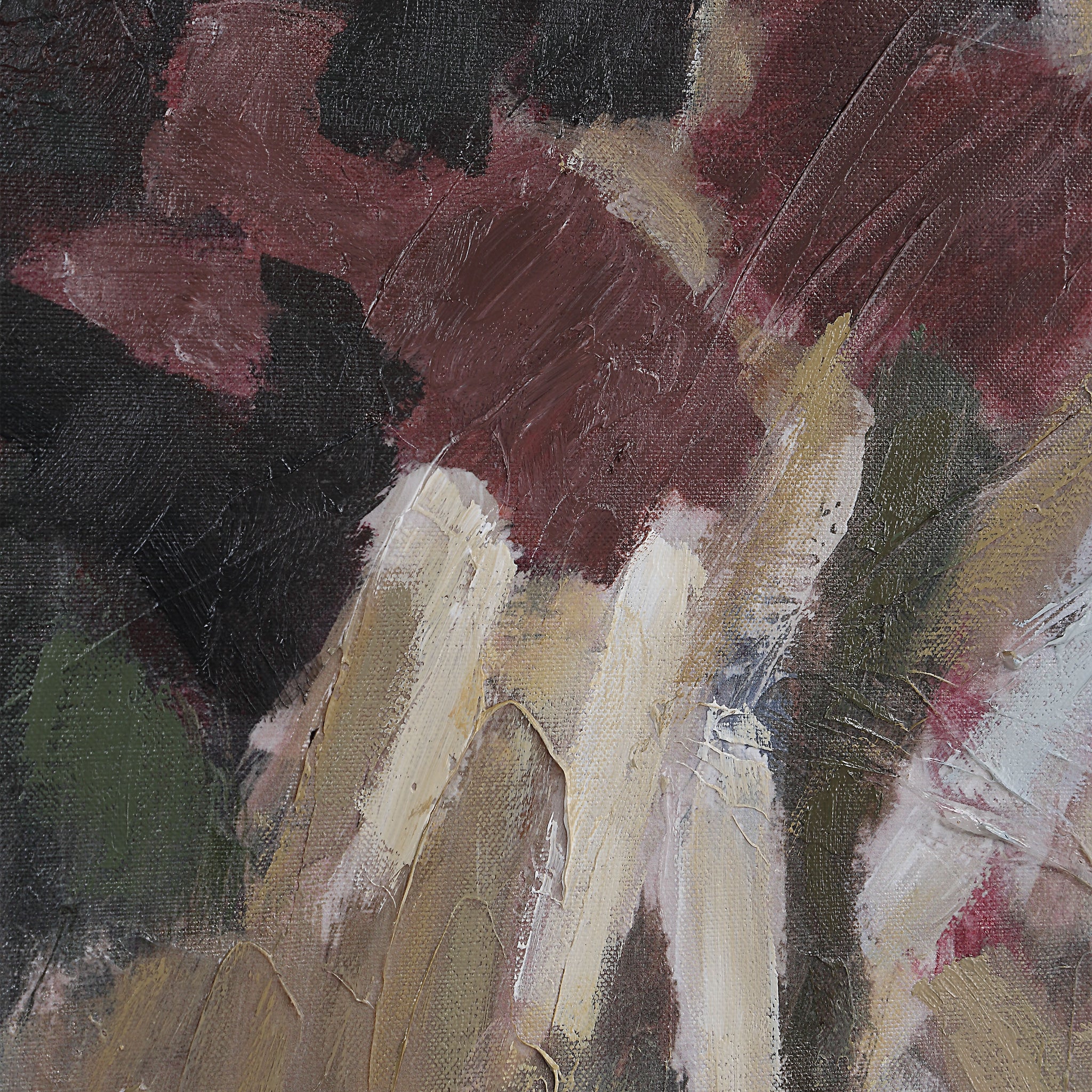 Close-up of Ardesia canvas art highlighting textured brush strokes in dark red, green, and beige.