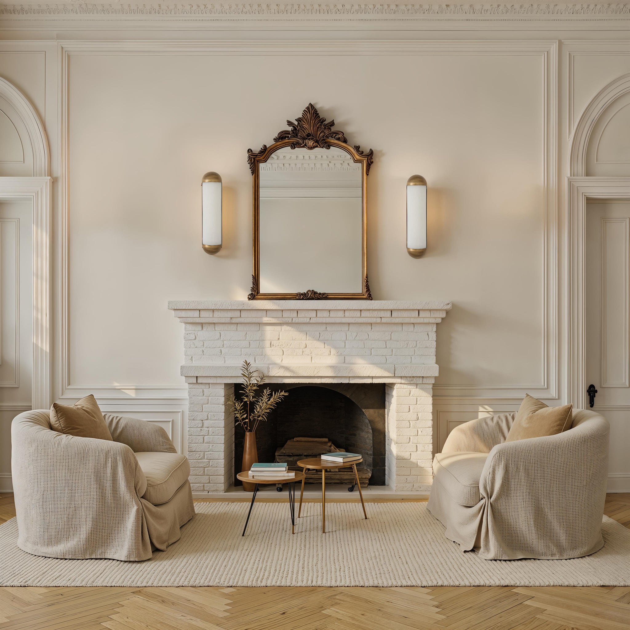 Amici wall sconces flanking a mirror above a fireplace in a stylish living room