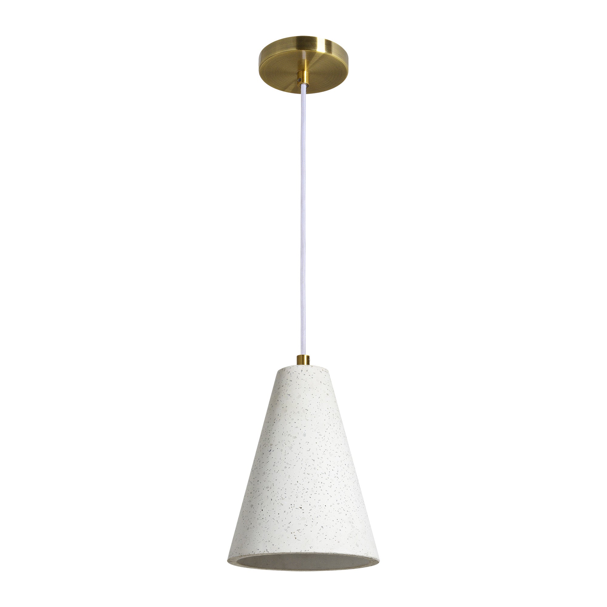 Paula ceiling light fixture in white concrete, cone shape, with brass ceiling mount, hanging view.